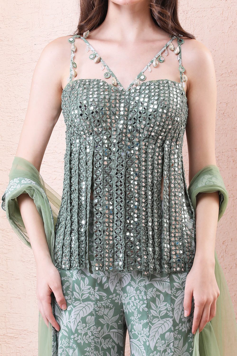 Sage Green Printed Sharara With Mirror Bodysuit