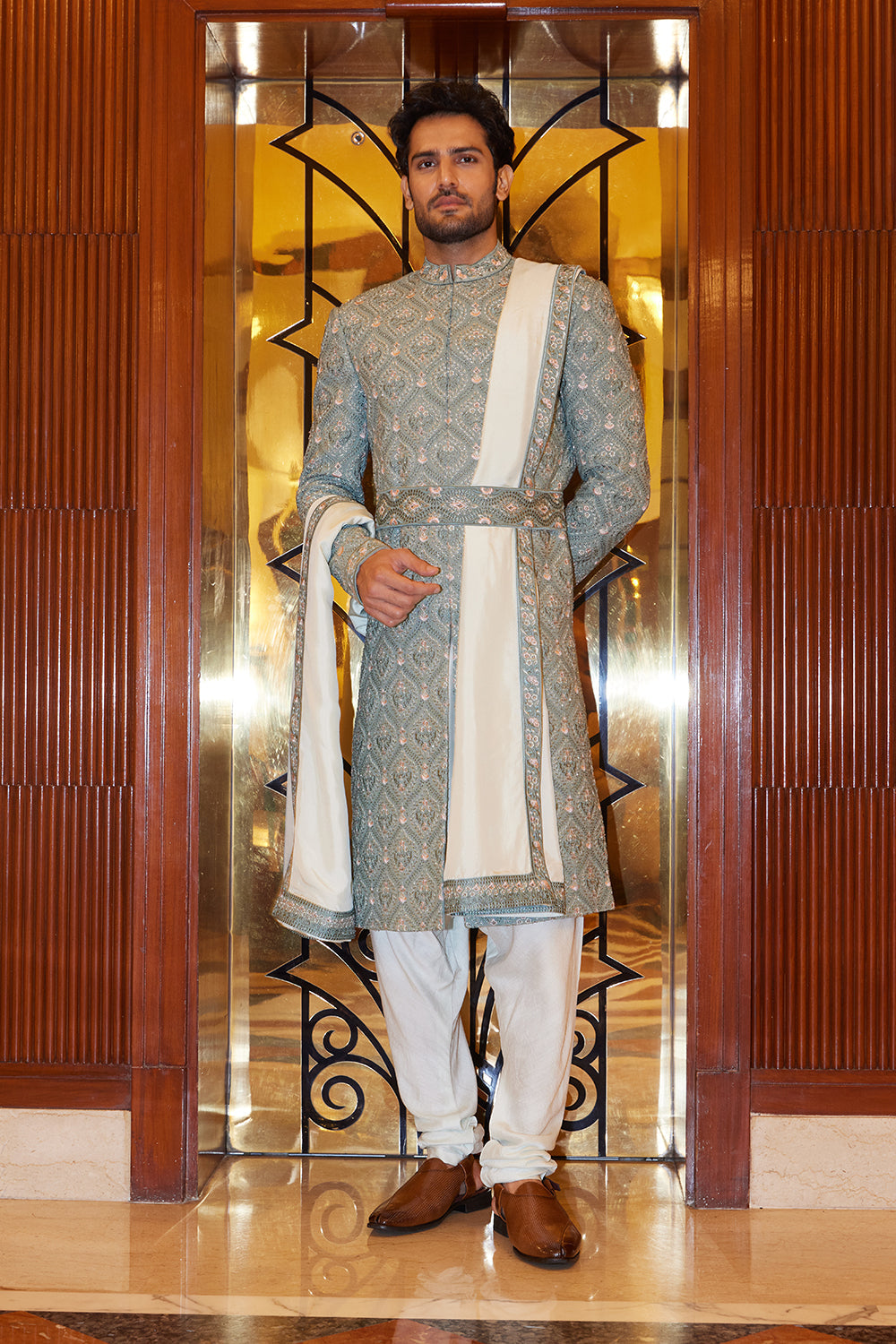 Sage Green  Sherwani Kurta Churidar Set