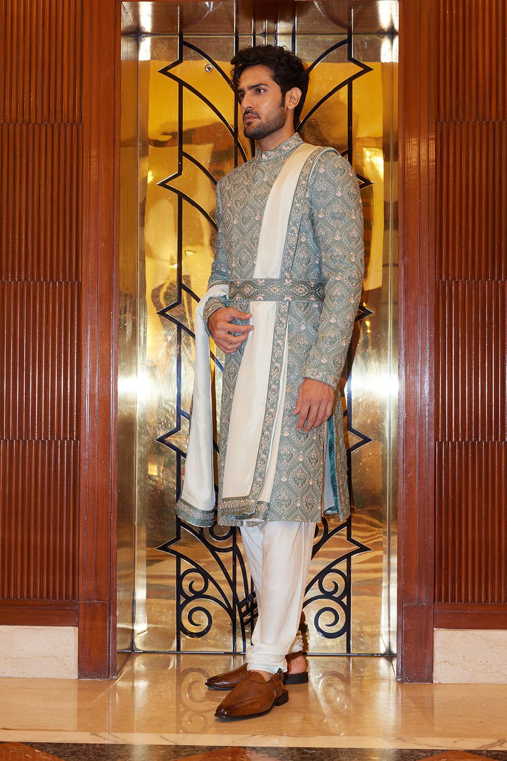 Sage Green  Sherwani Kurta Churidar Set