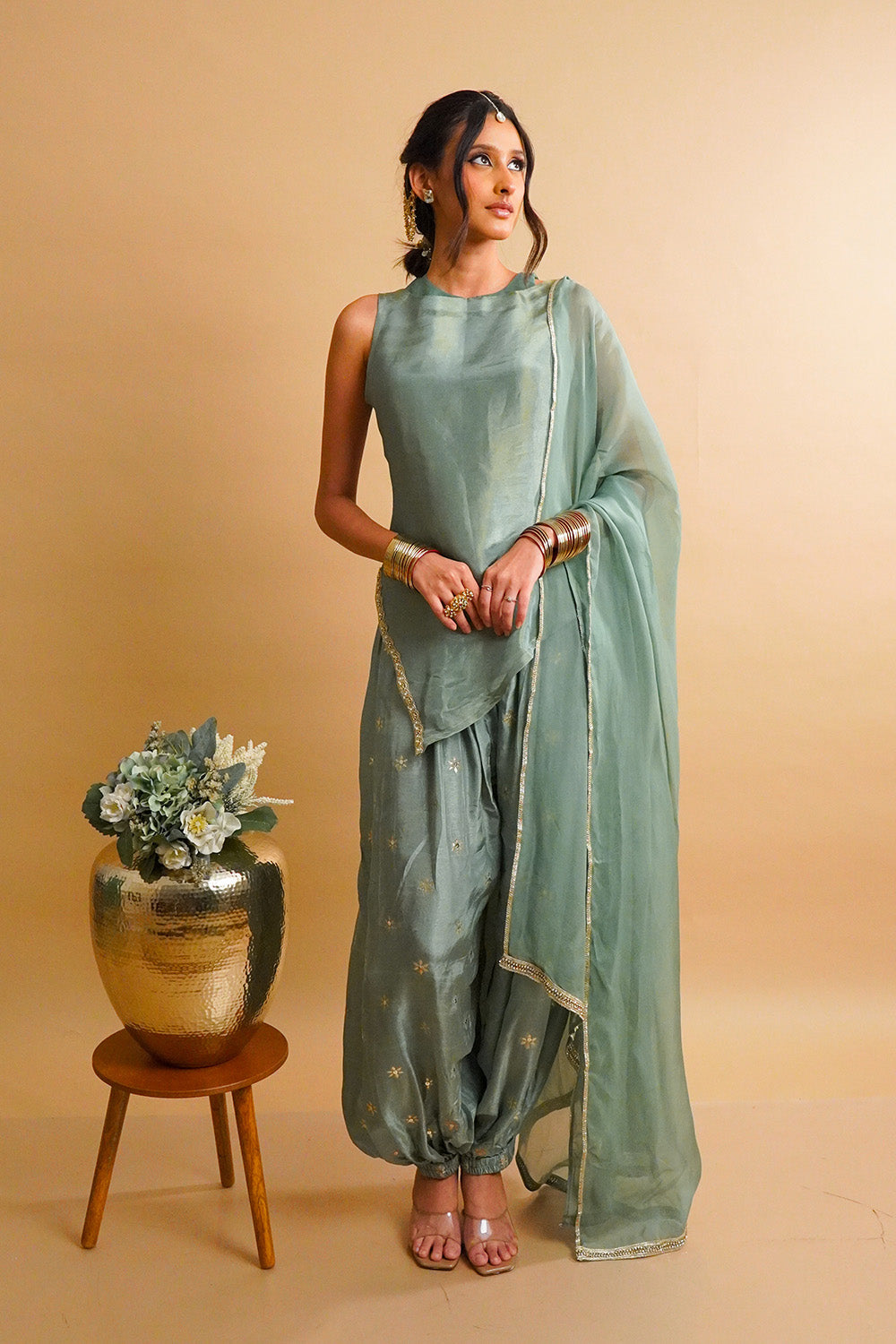 Sage Green Tissue Kurta with Balloon Pants Set
