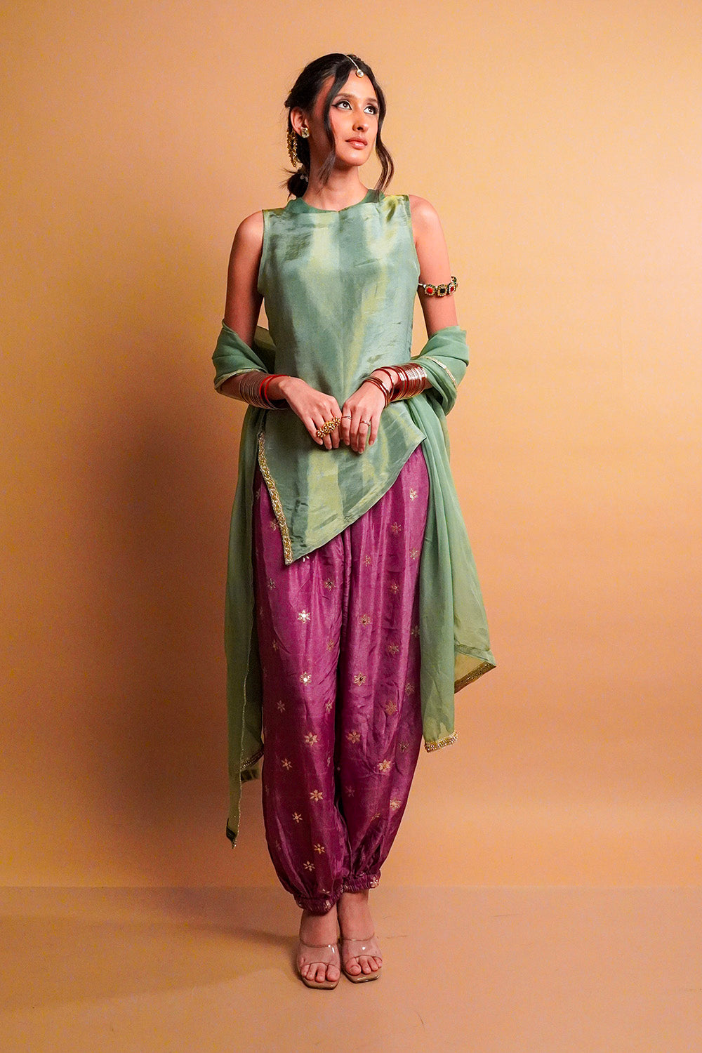 Sage Green Tissue Kurta with Iris Balloon Pants Set and Dupatta