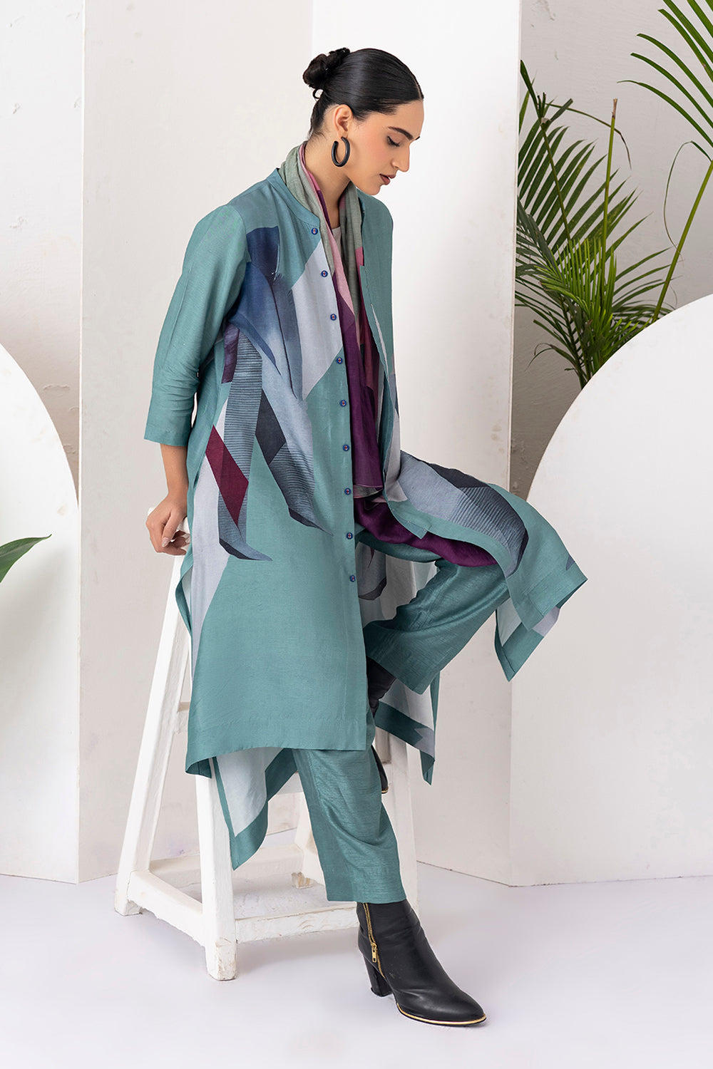 Sage Green Viscose Dupion Printed High-Low Dress