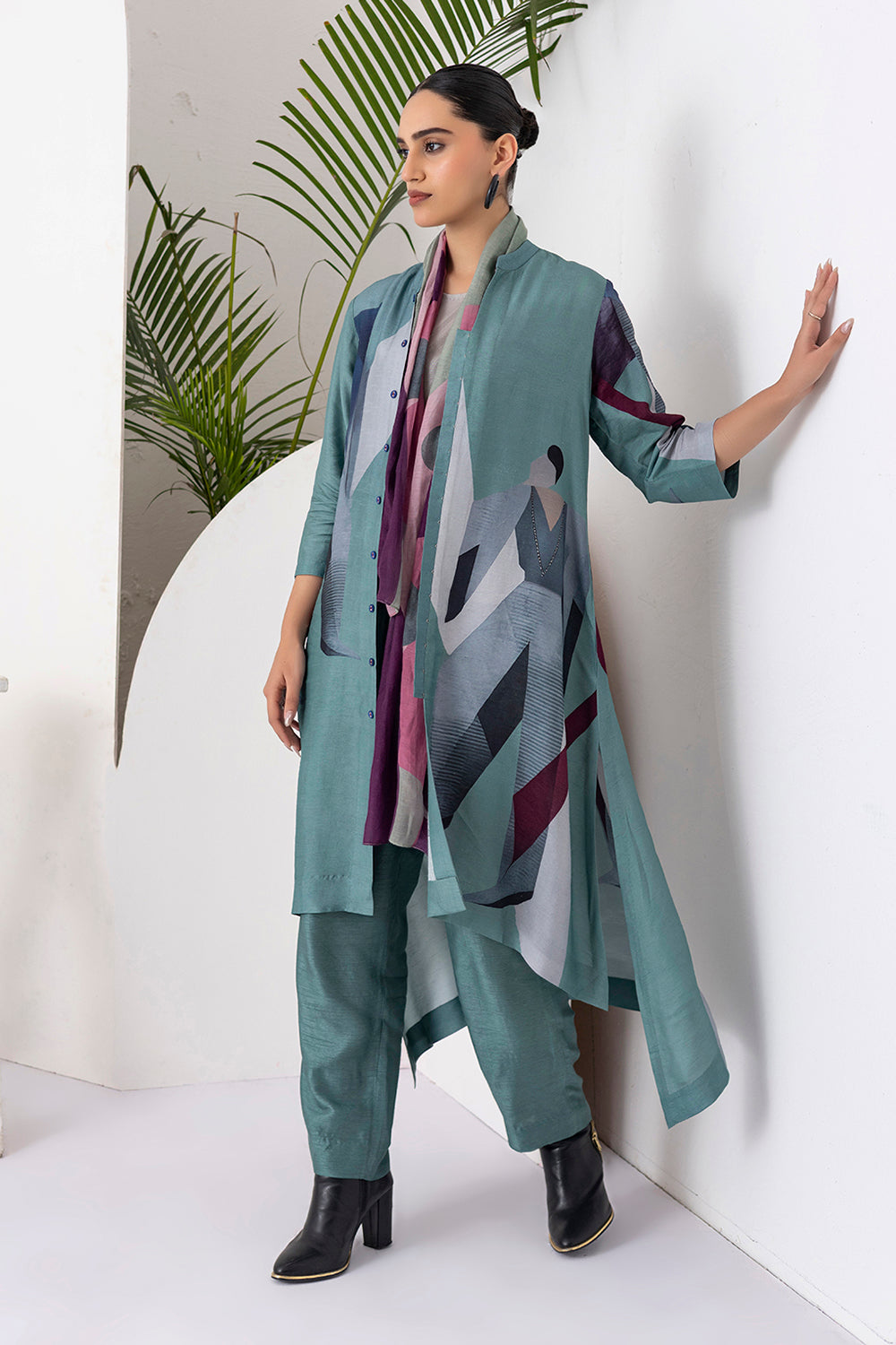 Sage Green Viscose Dupion Printed High-Low Dress