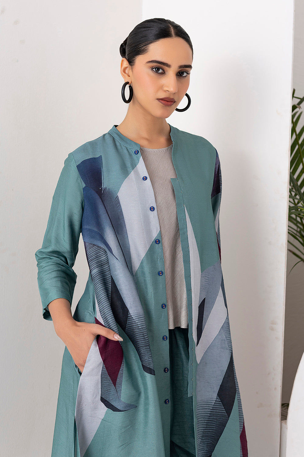 Sage Green Viscose Dupion Printed High-Low Dress
