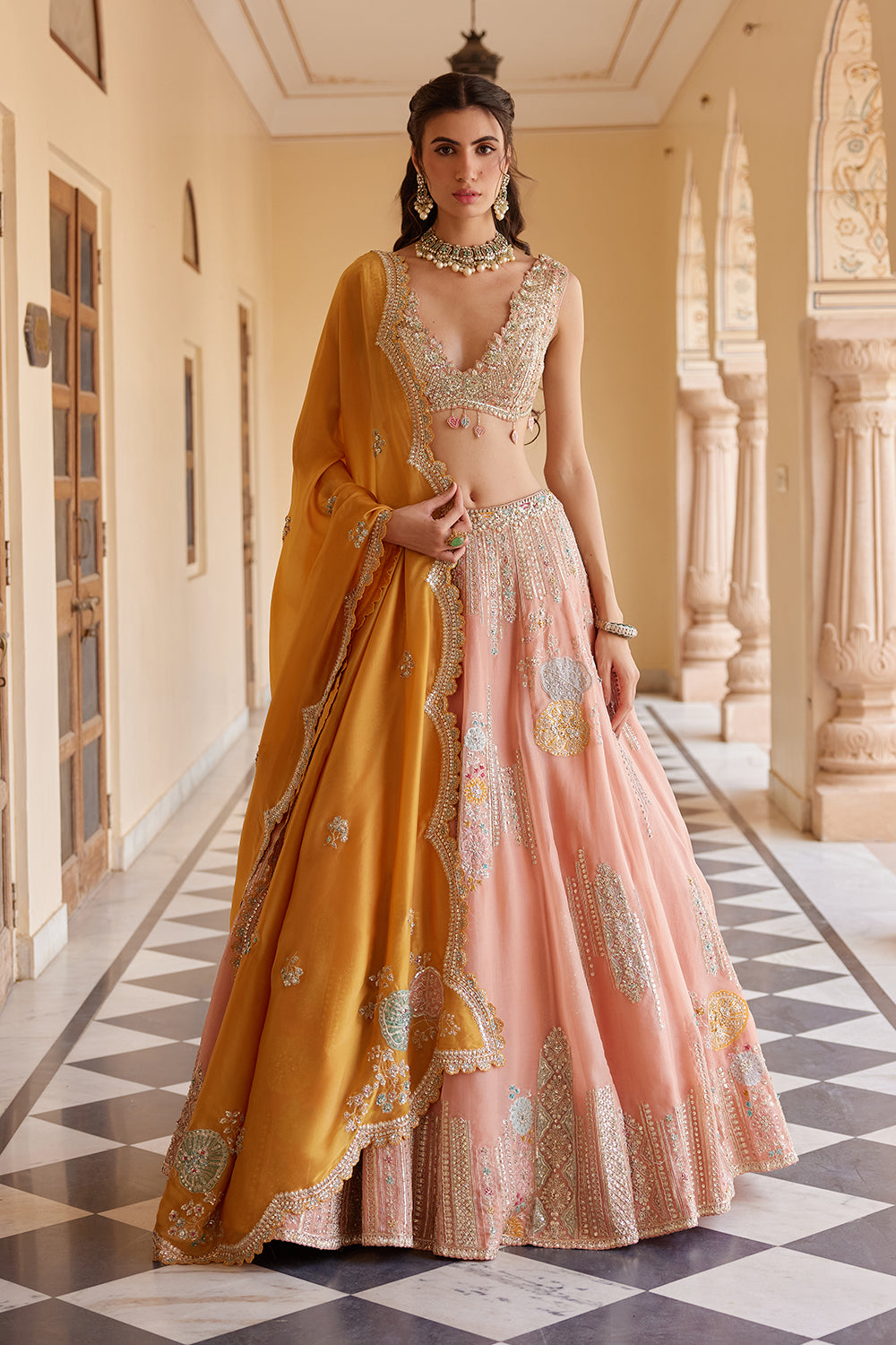 Salmon Peach Embroidered Lehenga
