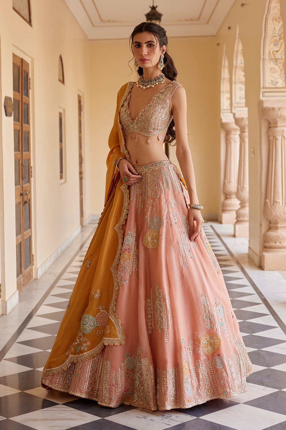 Salmon Peach Embroidered Lehenga