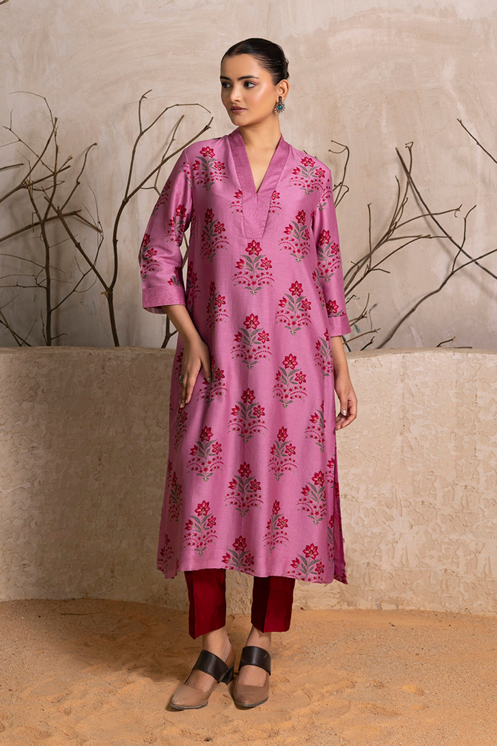 Salmon Pink Silk Chanderi Floral Boota Printed Tunic