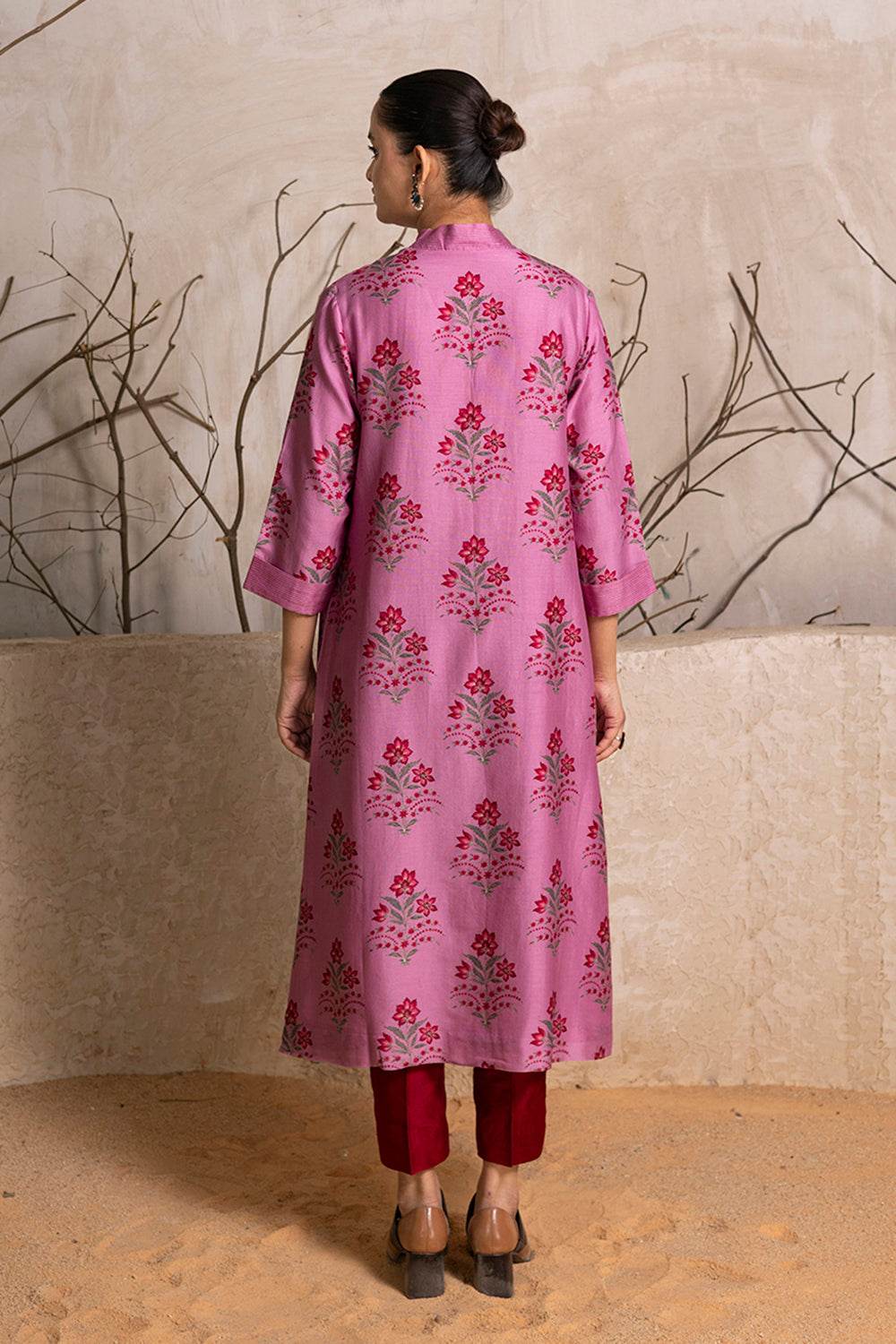 Salmon Pink Silk Chanderi Floral Boota Printed Tunic