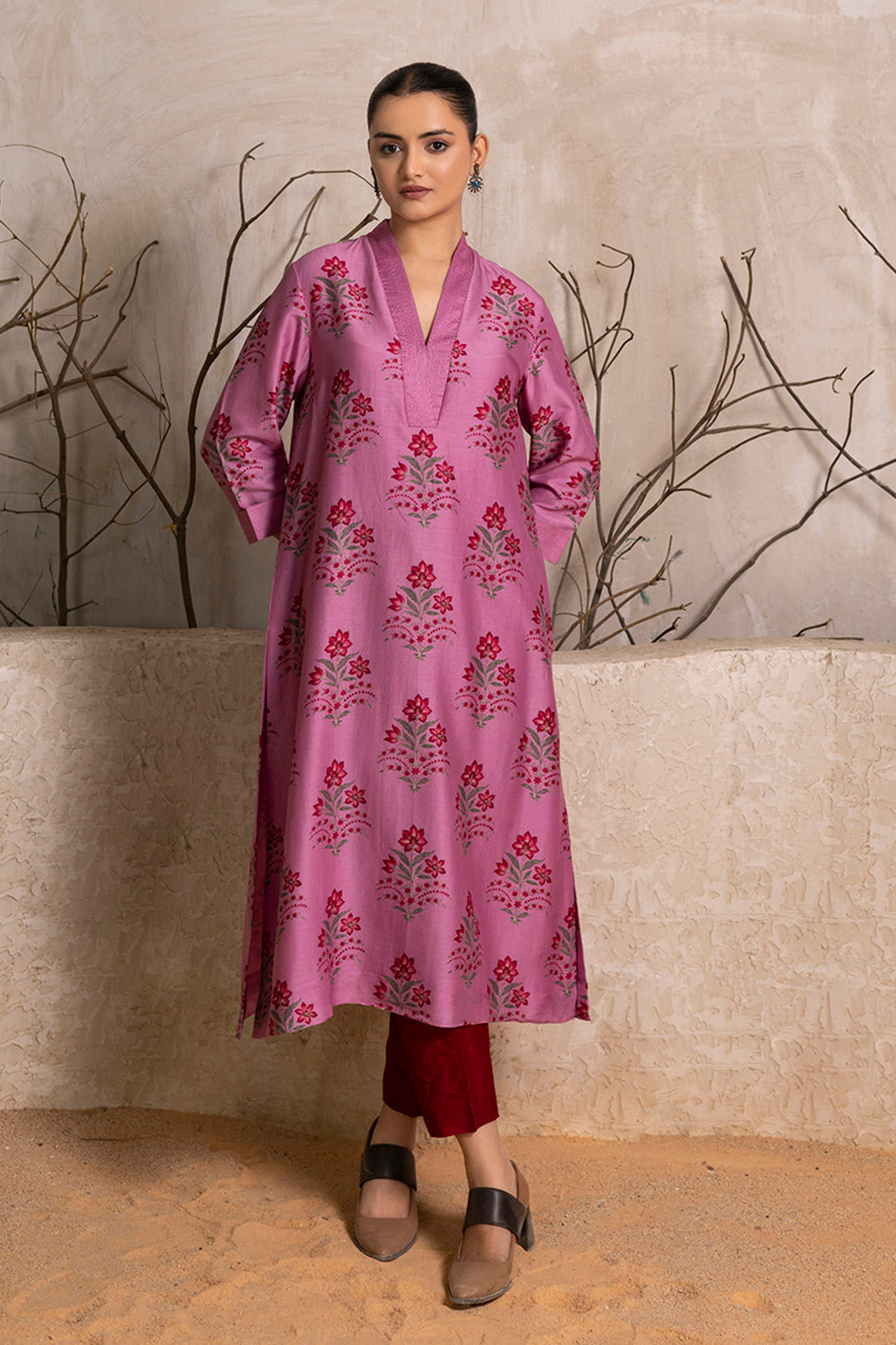 Salmon Pink Silk Chanderi Floral Boota Printed Tunic