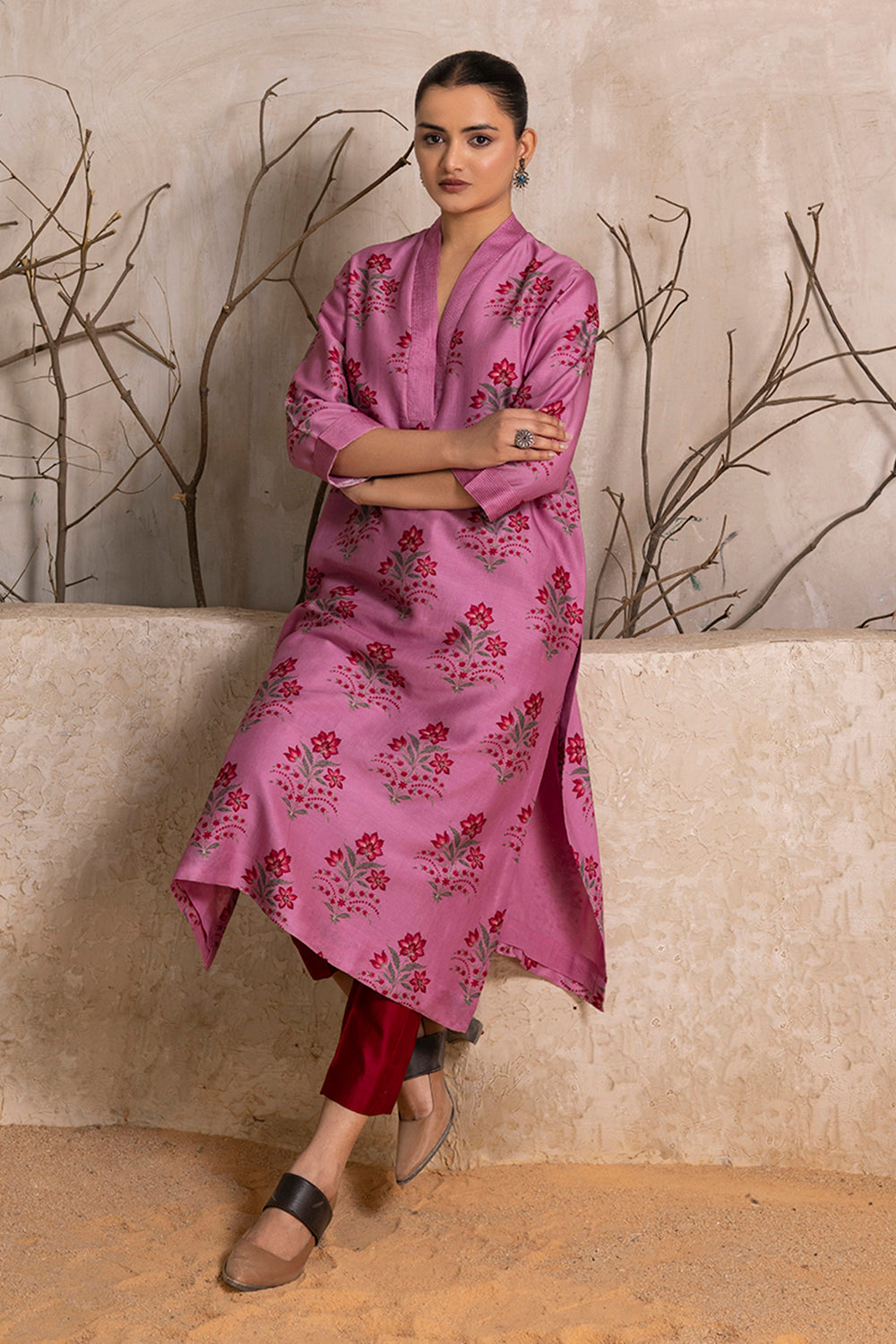 Salmon Pink Silk Chanderi Floral Boota Printed Tunic