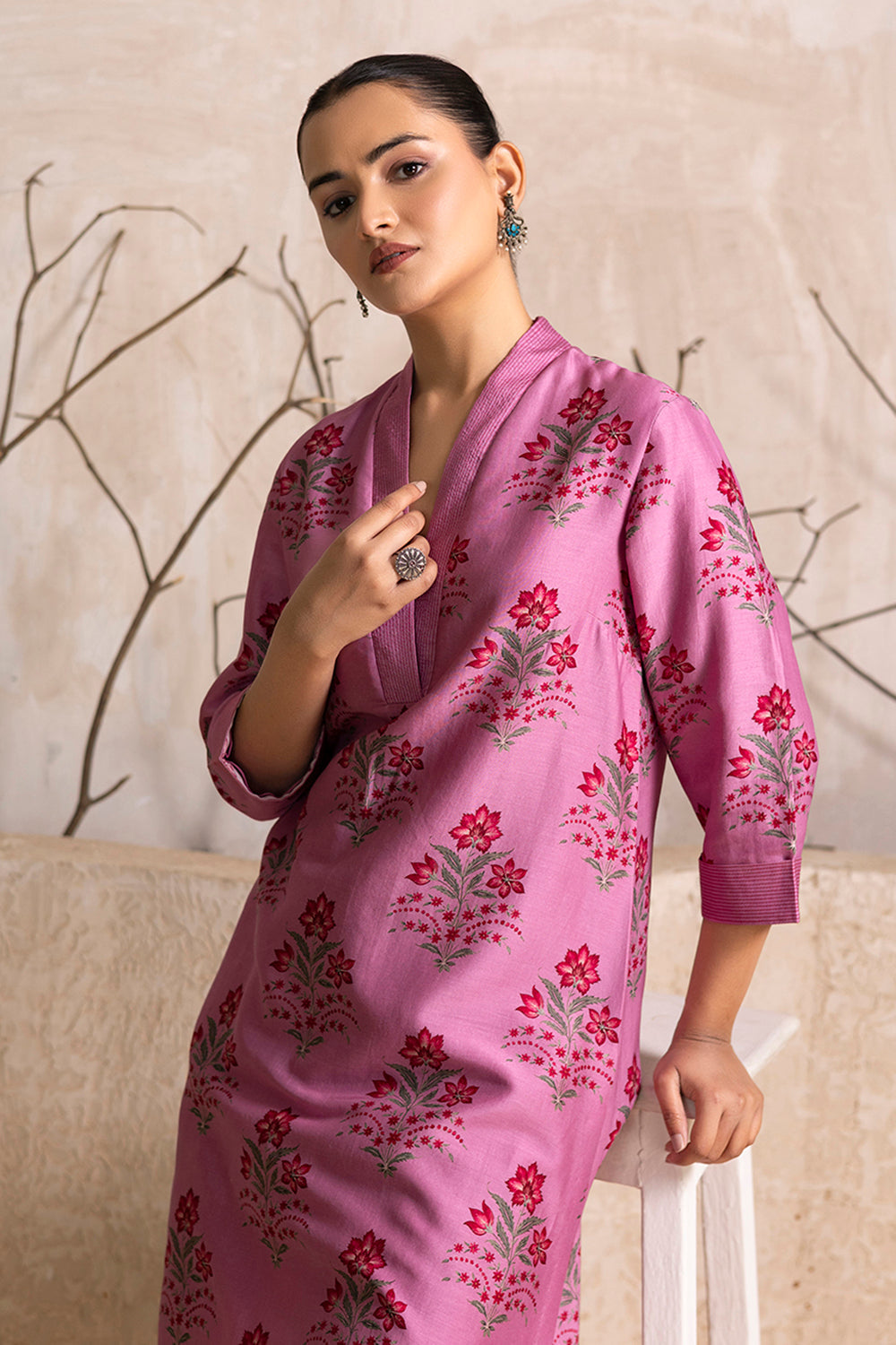 Salmon Pink Silk Chanderi Floral Boota Printed Tunic