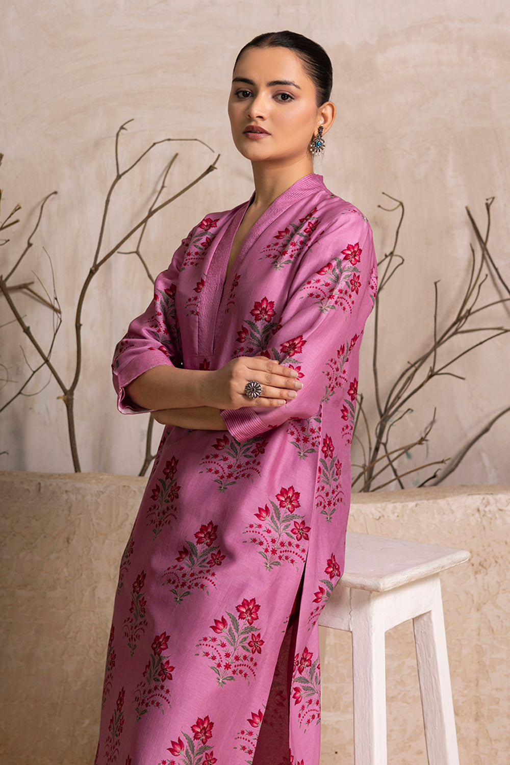 Salmon Pink Silk Chanderi Floral Boota Printed Tunic