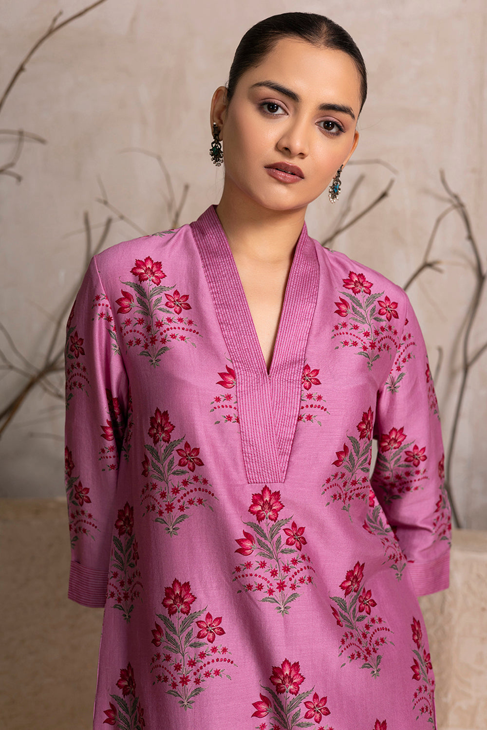 Salmon Pink Silk Chanderi Floral Boota Printed Tunic
