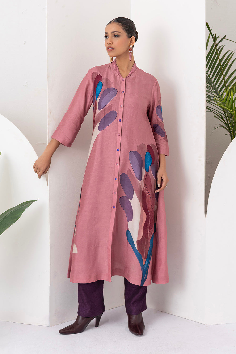 Salmon Pink Viscose Dupion Printed Dress