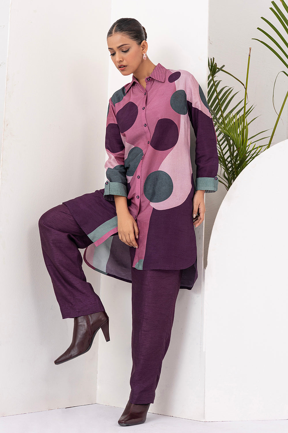 Salmon Pink & Wine Viscose Dupion Printed Shirt Style Tunic