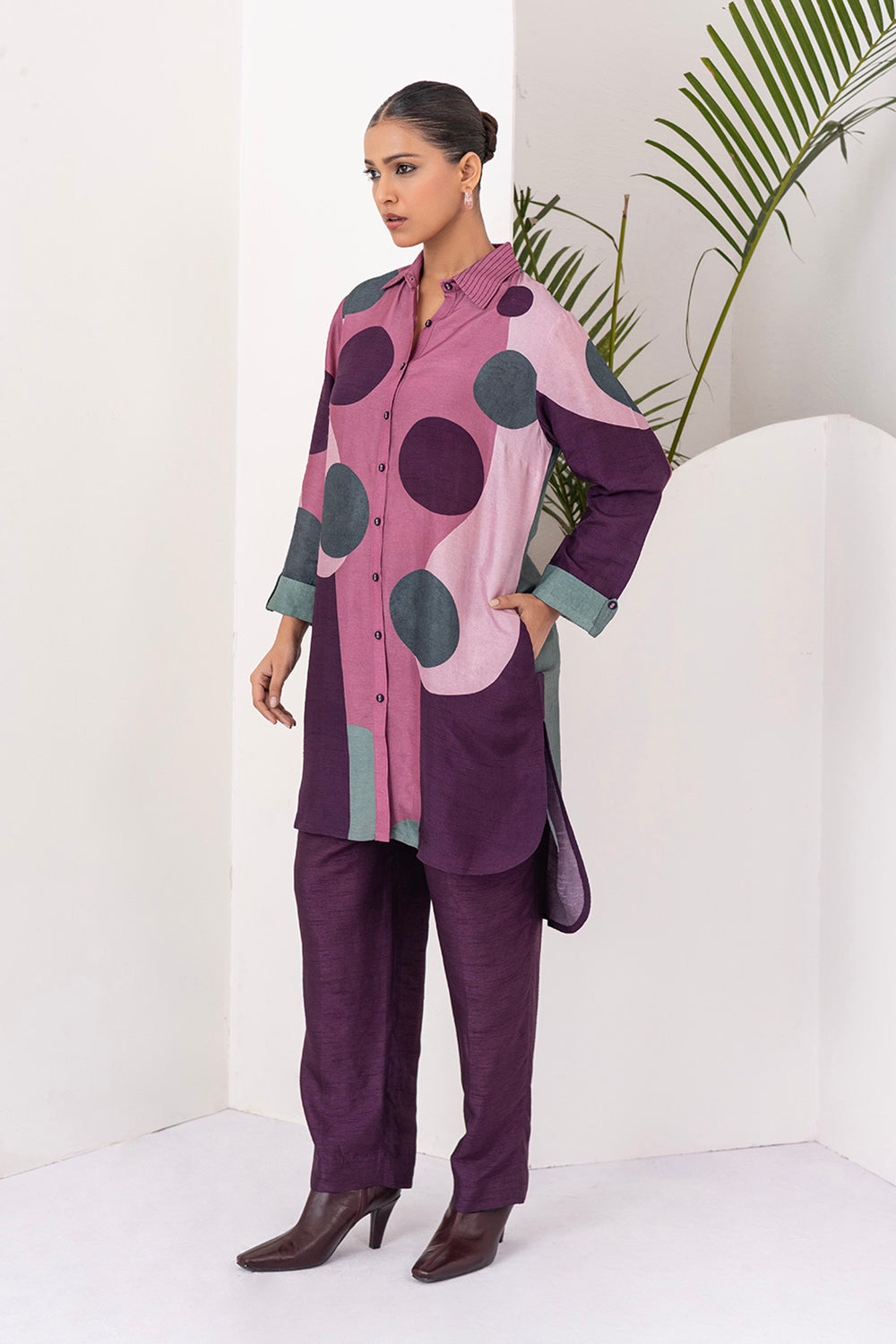 Salmon Pink & Wine Viscose Dupion Printed Shirt Style Tunic