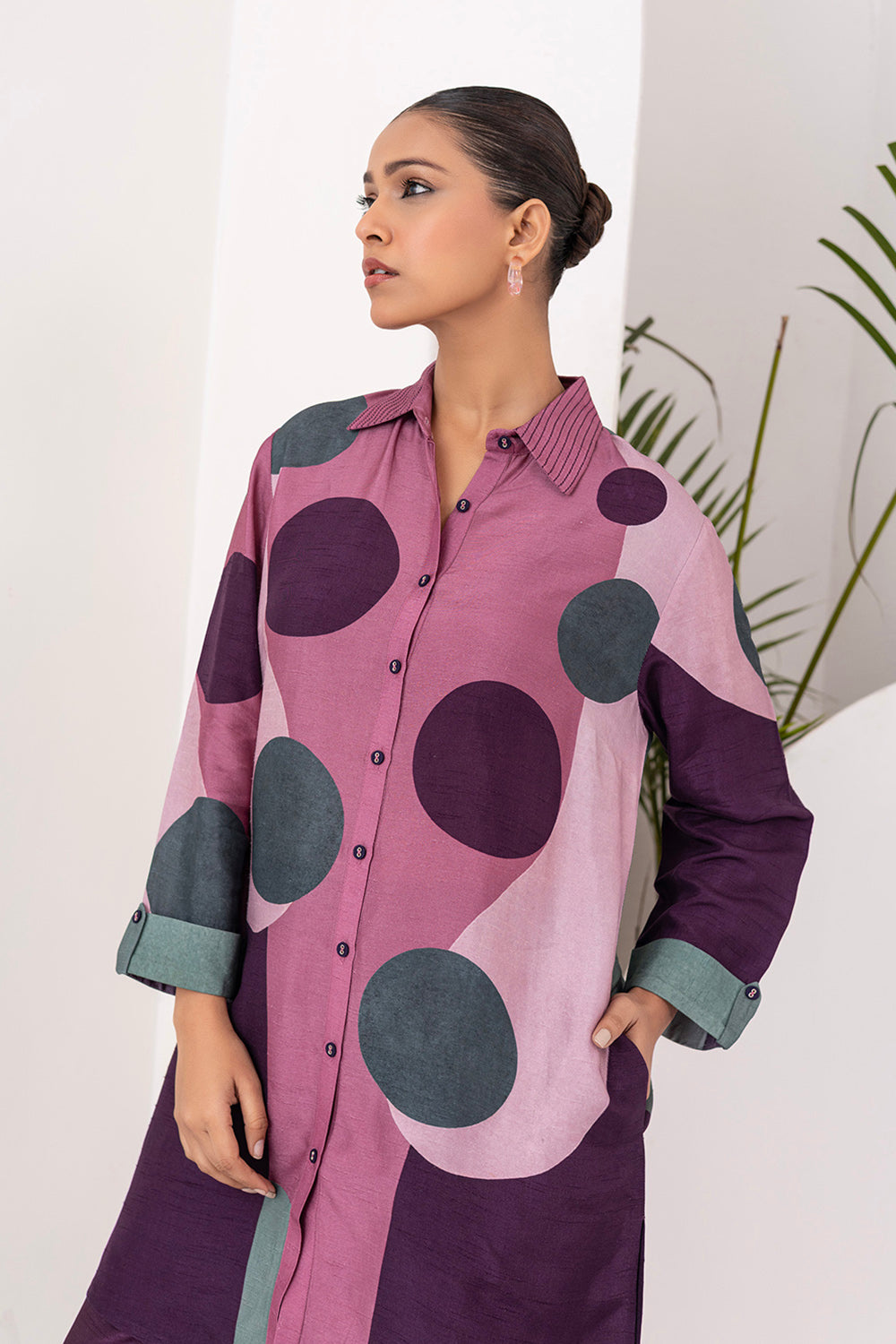 Salmon Pink & Wine Viscose Dupion Printed Shirt Style Tunic