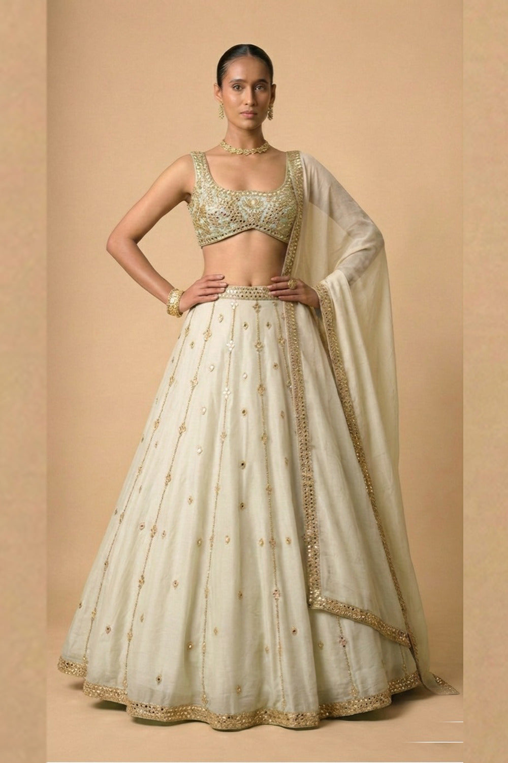 Satin Organza Ivory Hand Embroidered Mirror Lehenga Set