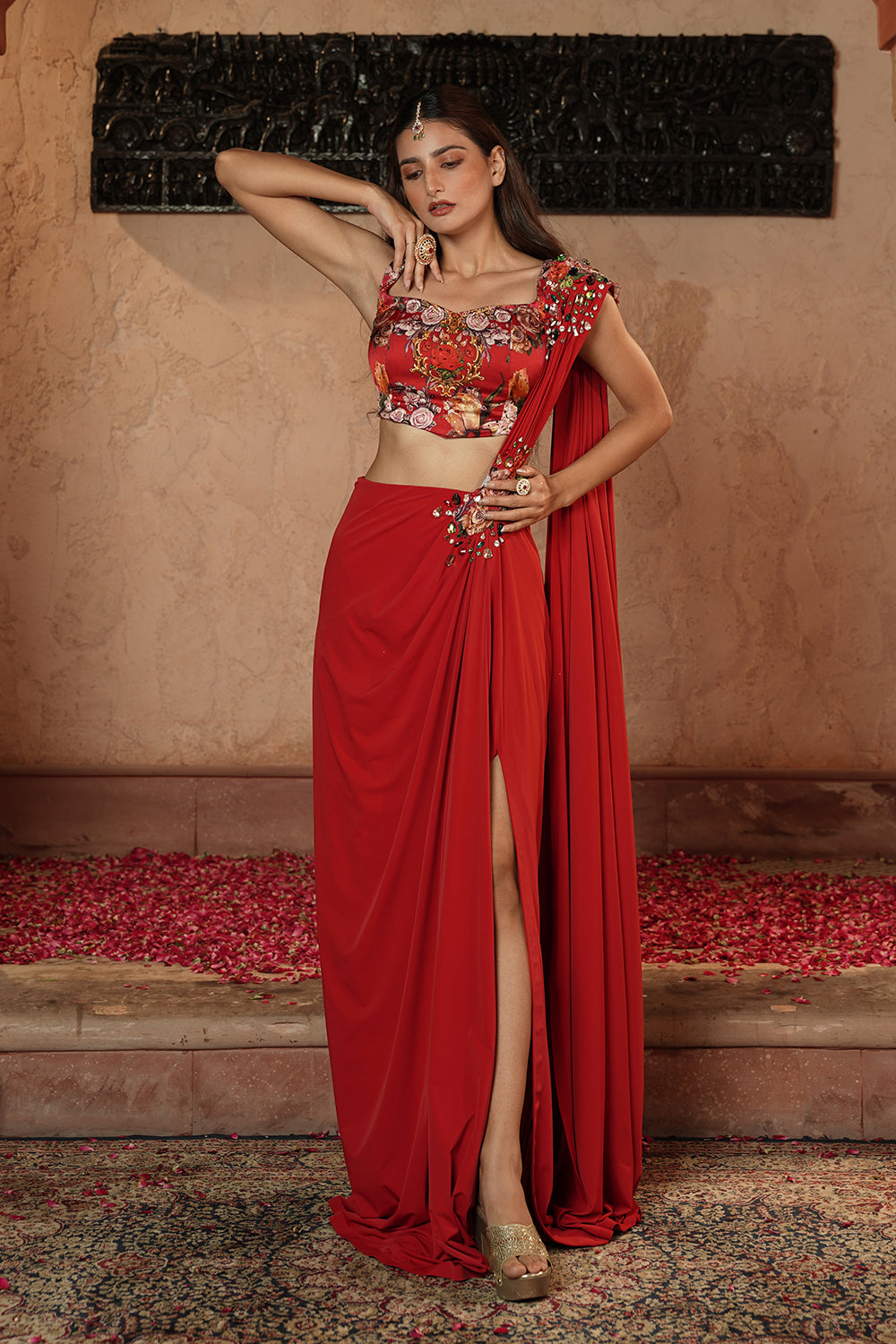 Scarlet Red Floral Embellished Drape Saree Gown