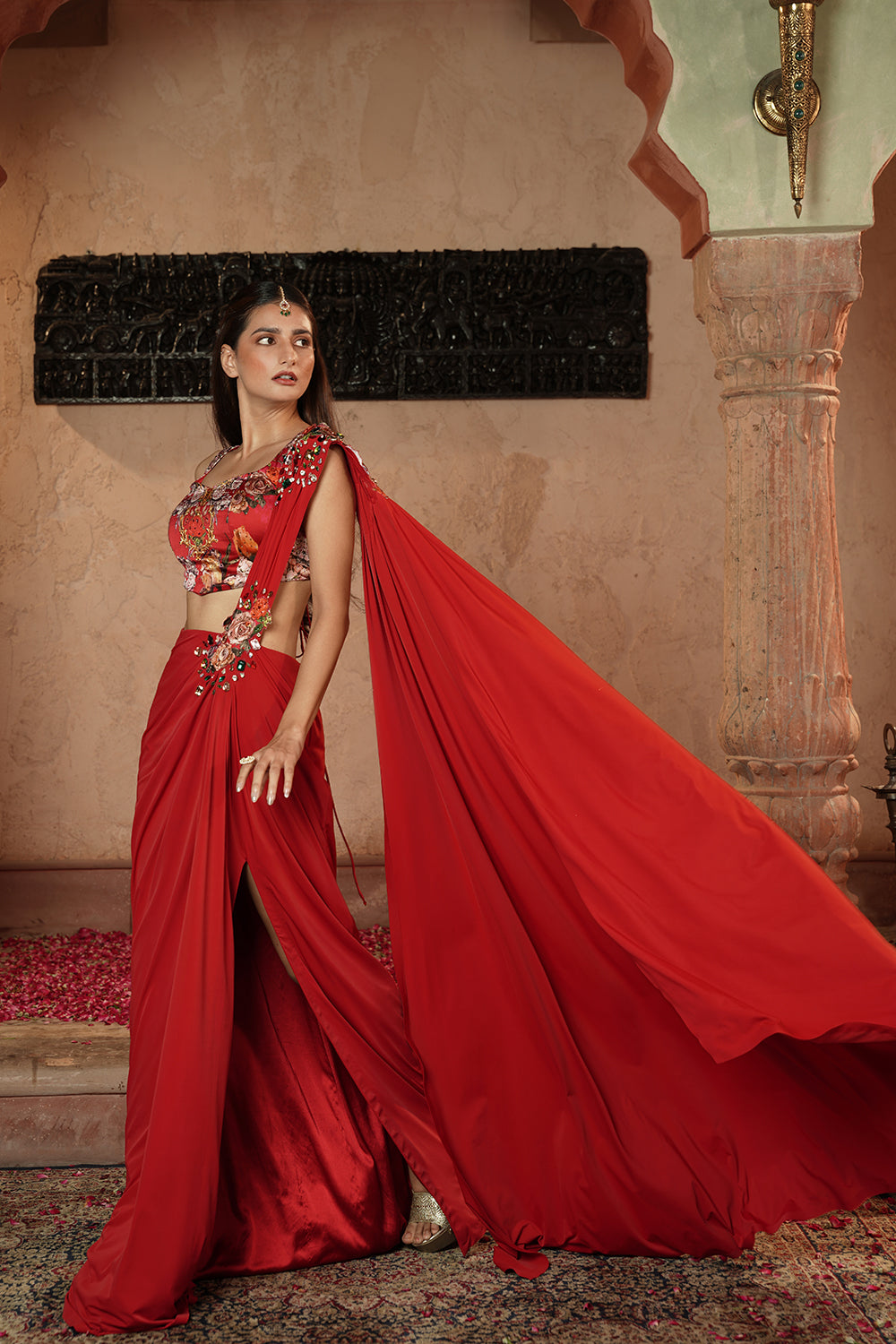 Scarlet Red Floral Embellished Drape Saree Gown
