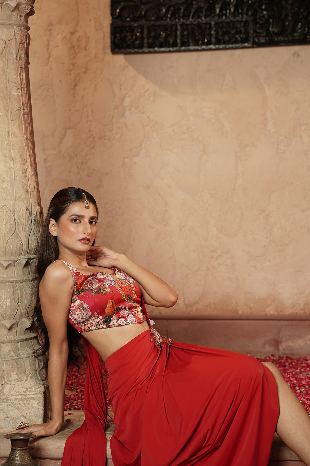 Scarlet Red Floral Embellished Drape Saree Gown