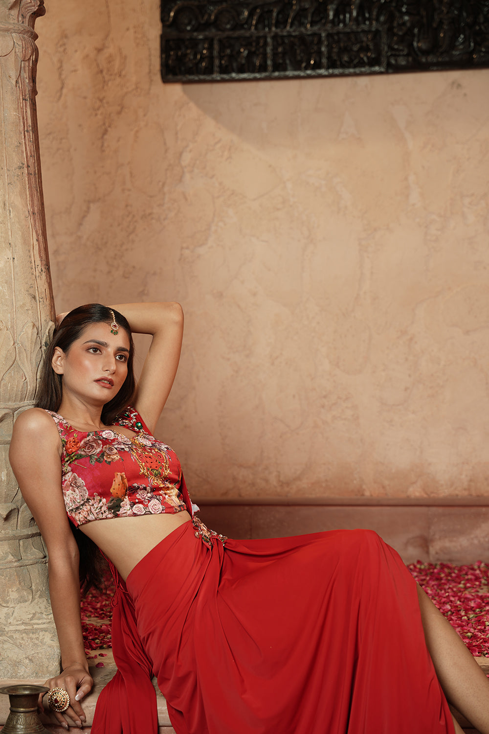 Scarlet Red Floral Embellished Drape Saree Gown