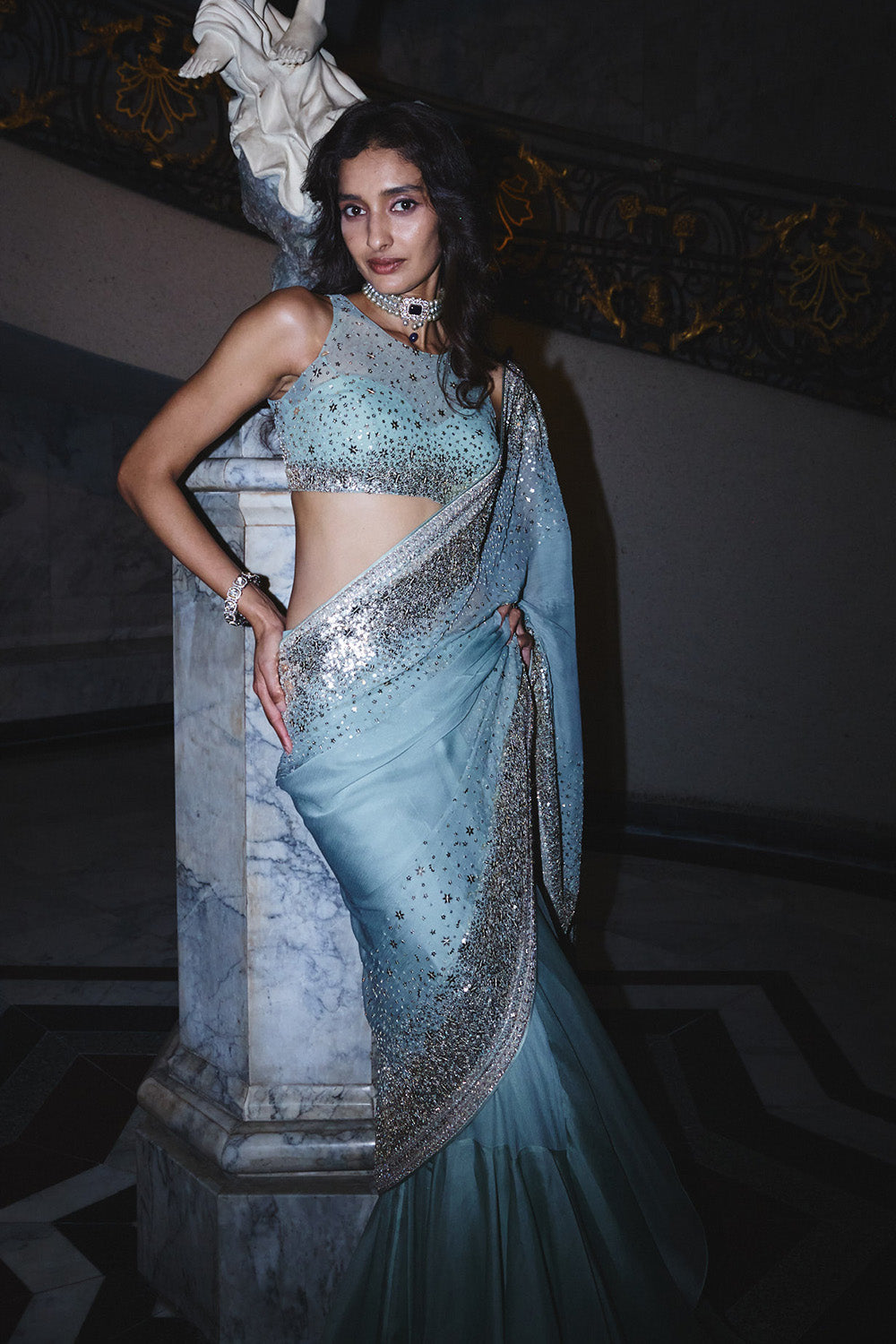 Sea Blue Star Ruffle Saree Set