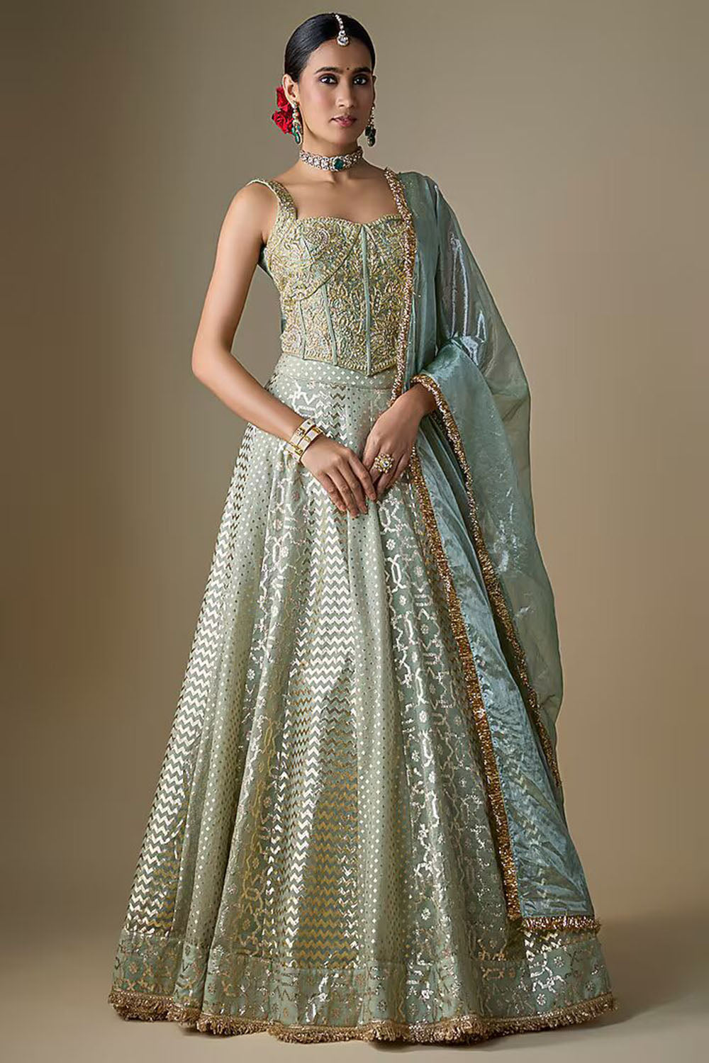 Sea Green Banarasi Chanderi Embroidered Lehenga Set
