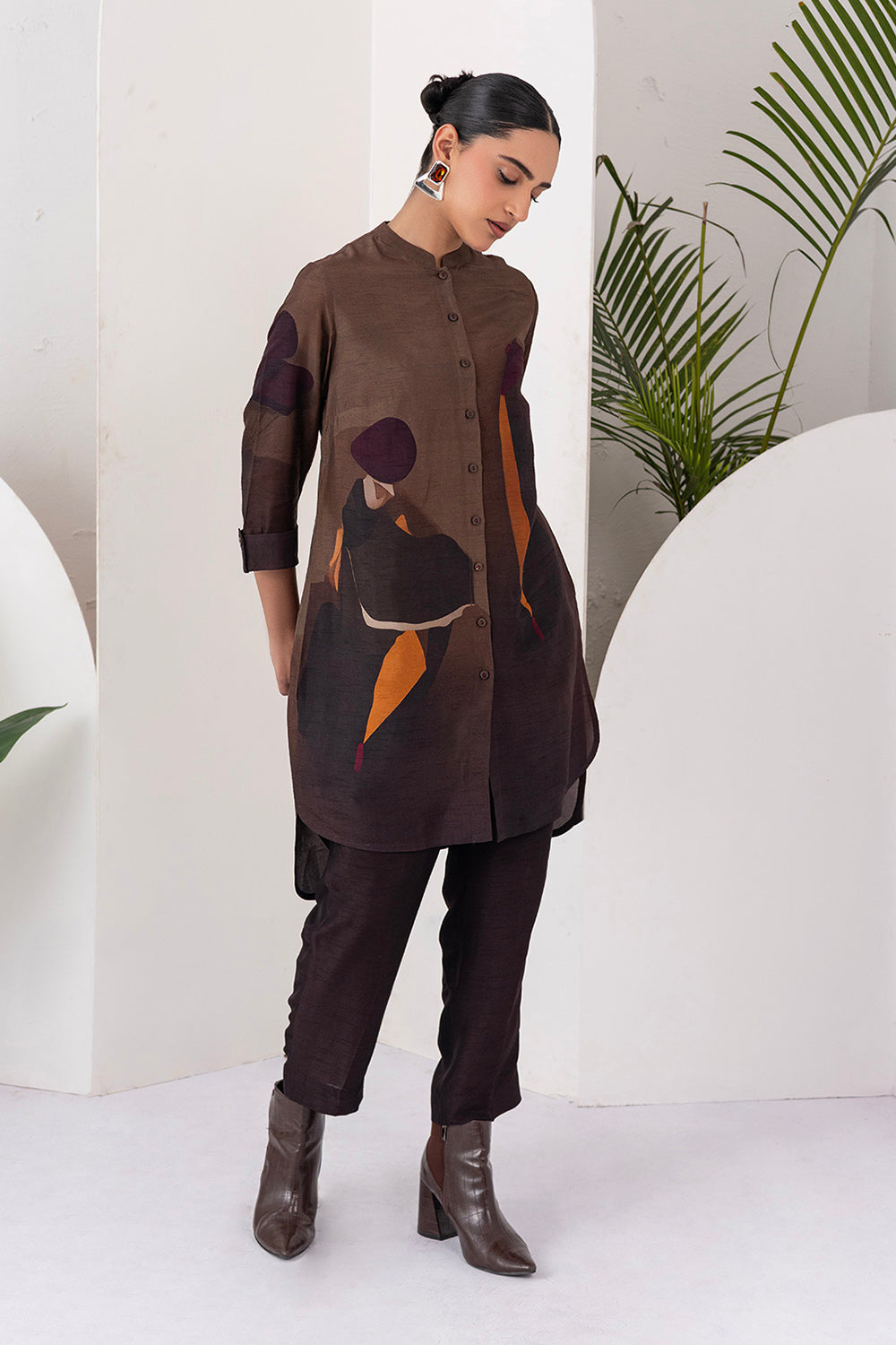 Shades Of Brown Viscose Dupion Printed Shirt Style Tunic