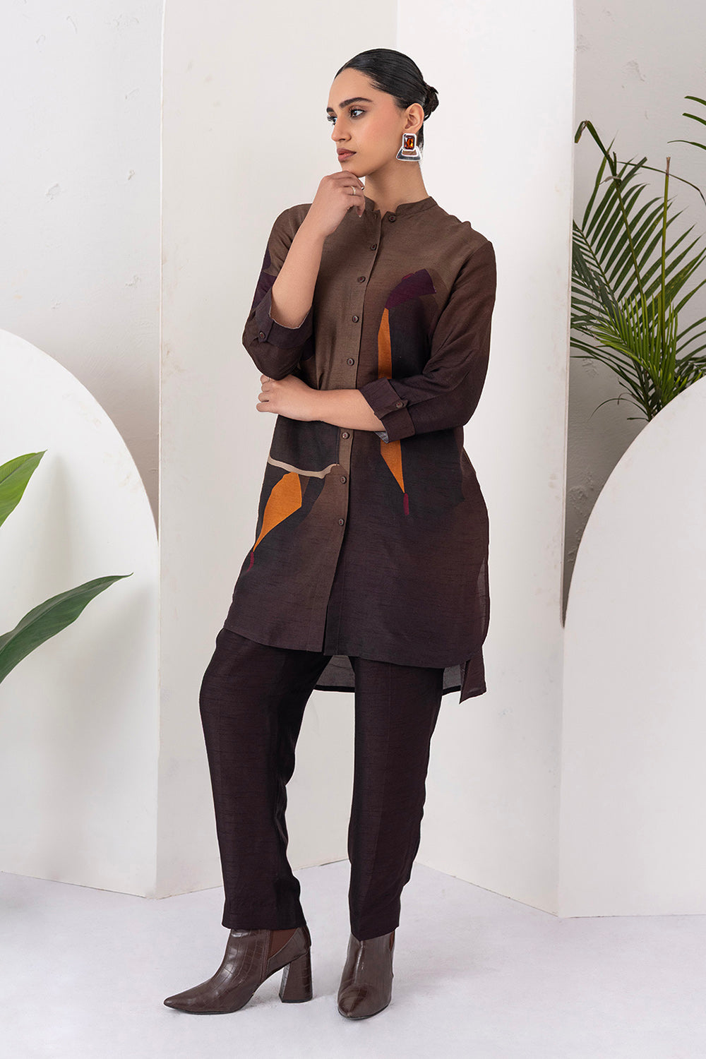 Shades Of Brown Viscose Dupion Printed Shirt Style Tunic