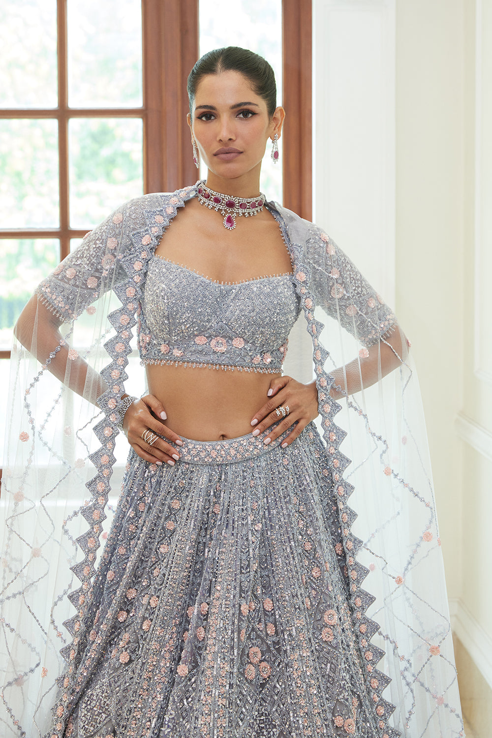 Silver Grey Net Lehenga Choli and Dupatta