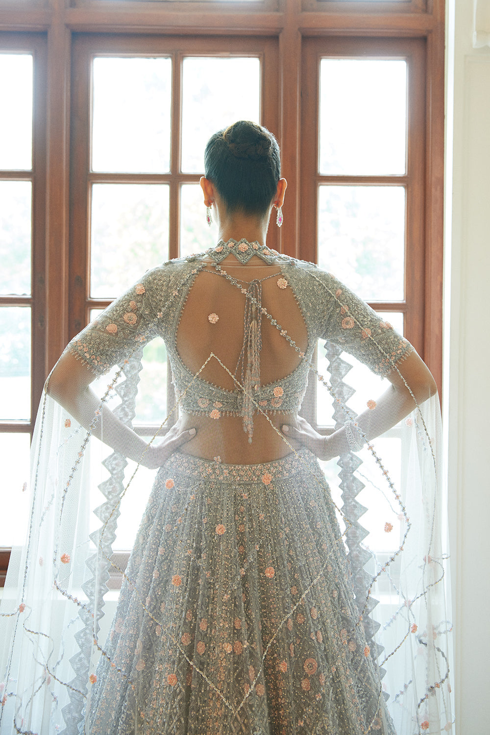 Silver Grey Net Lehenga Choli and Dupatta