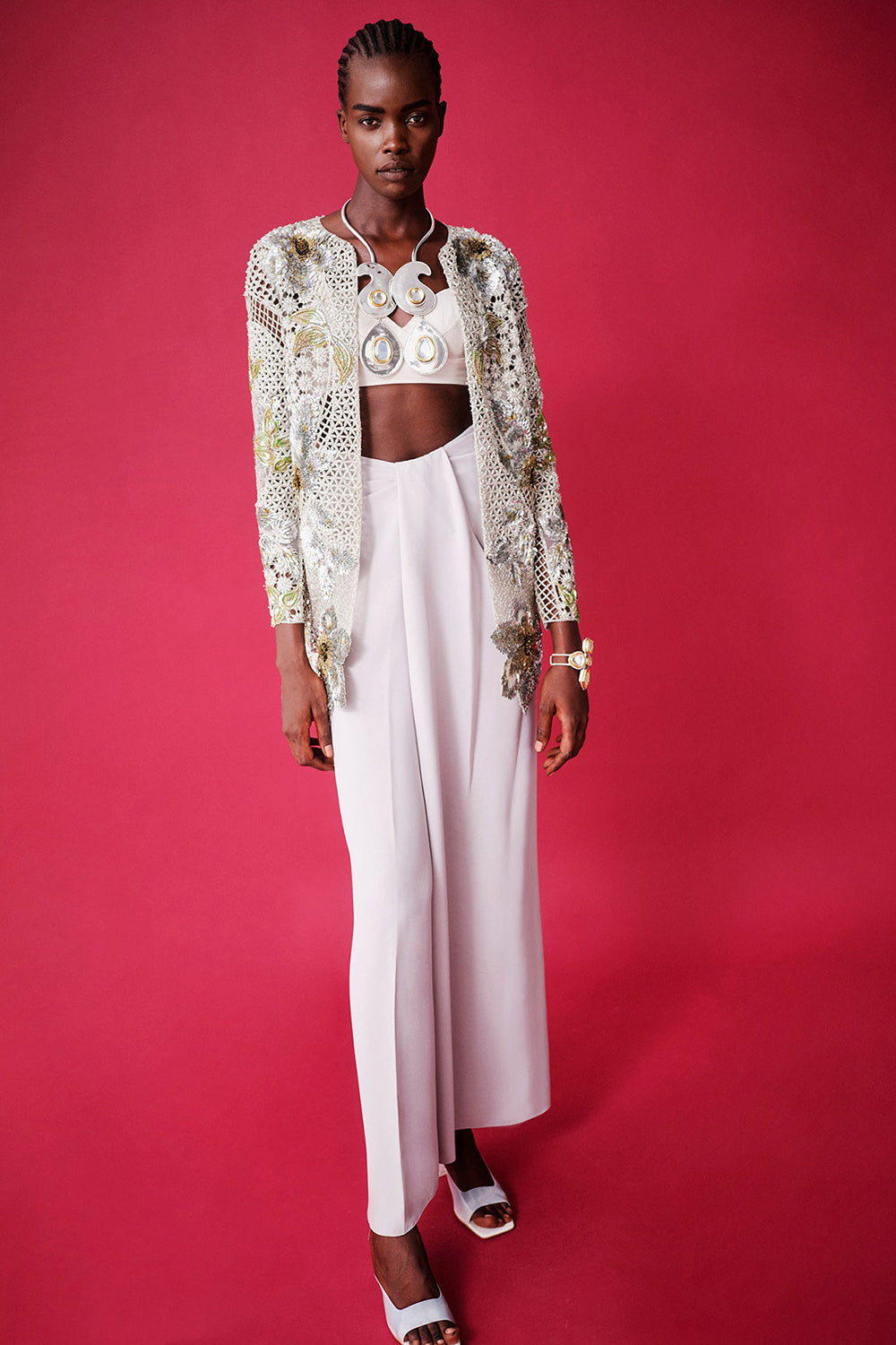 Silver Soiree Jacket with Pre-Draped Pants with Bustier
