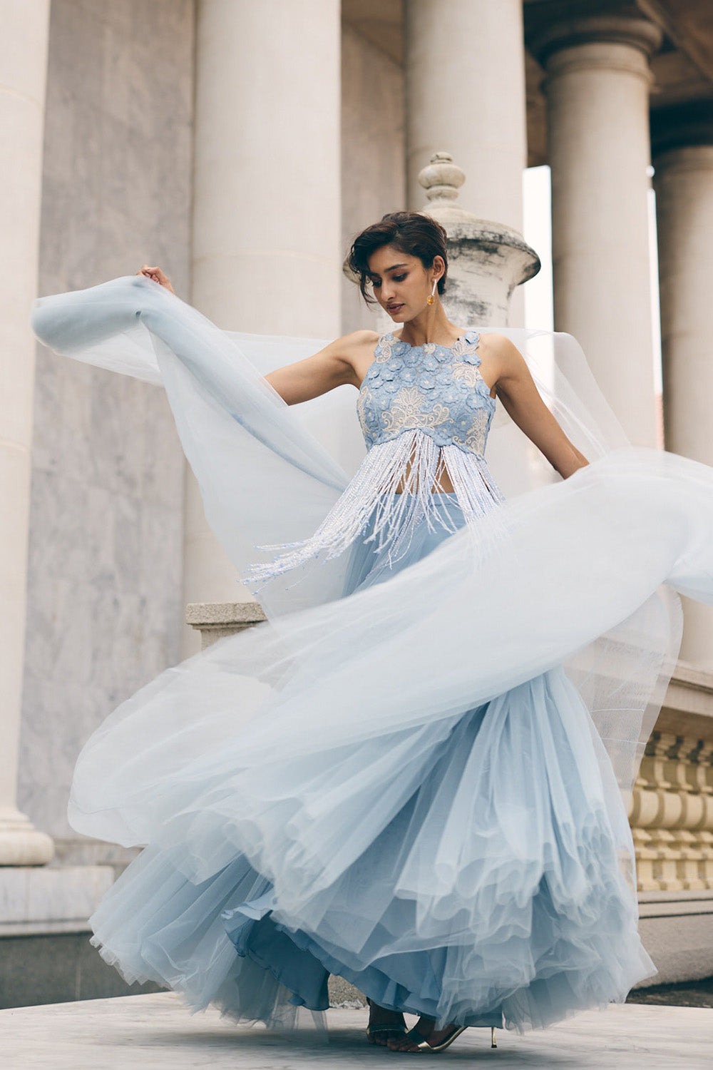 Sky Blue 3D Tassel Blouse Skirt Set