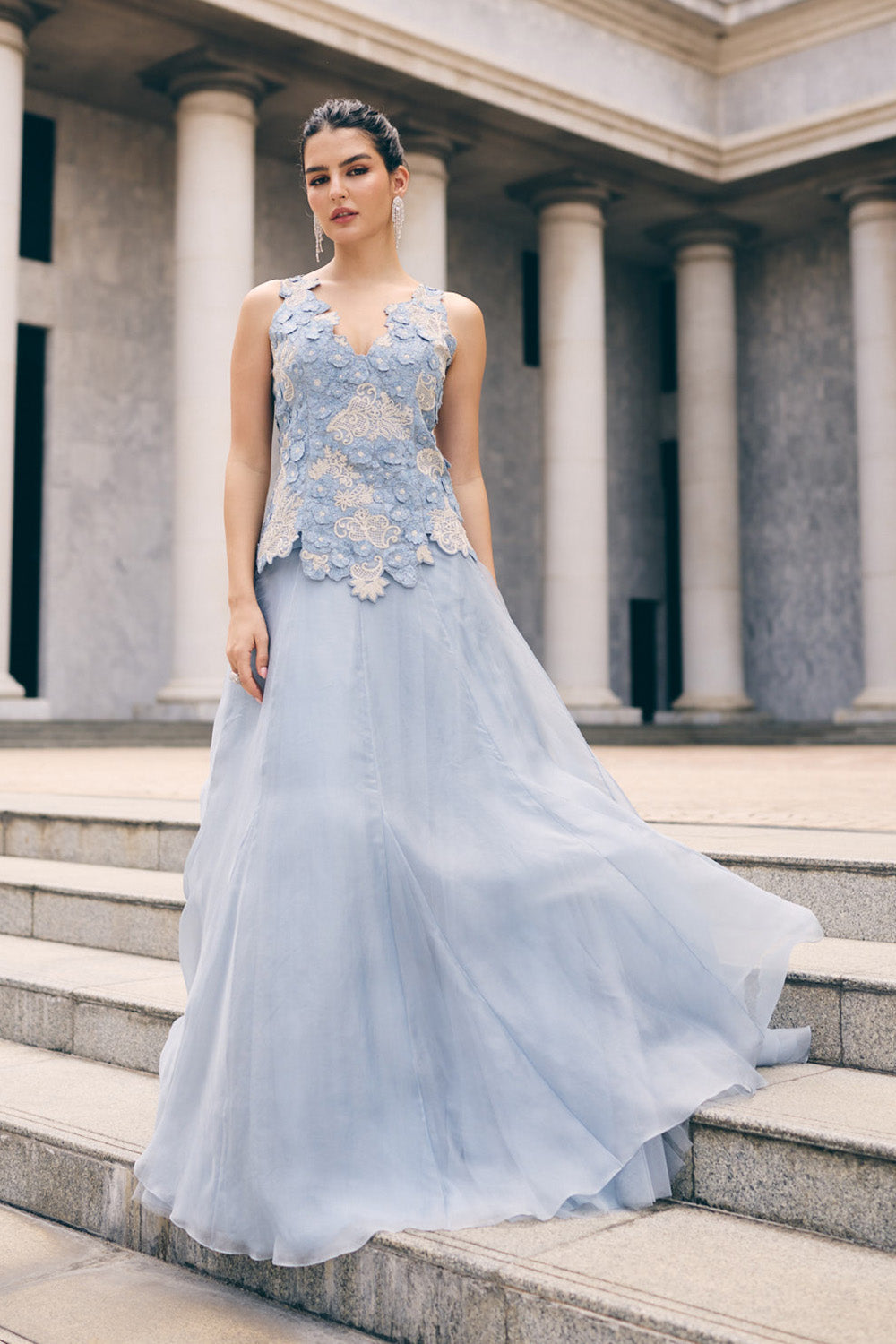 Sky Blue 3D V Neck Top With Skirt