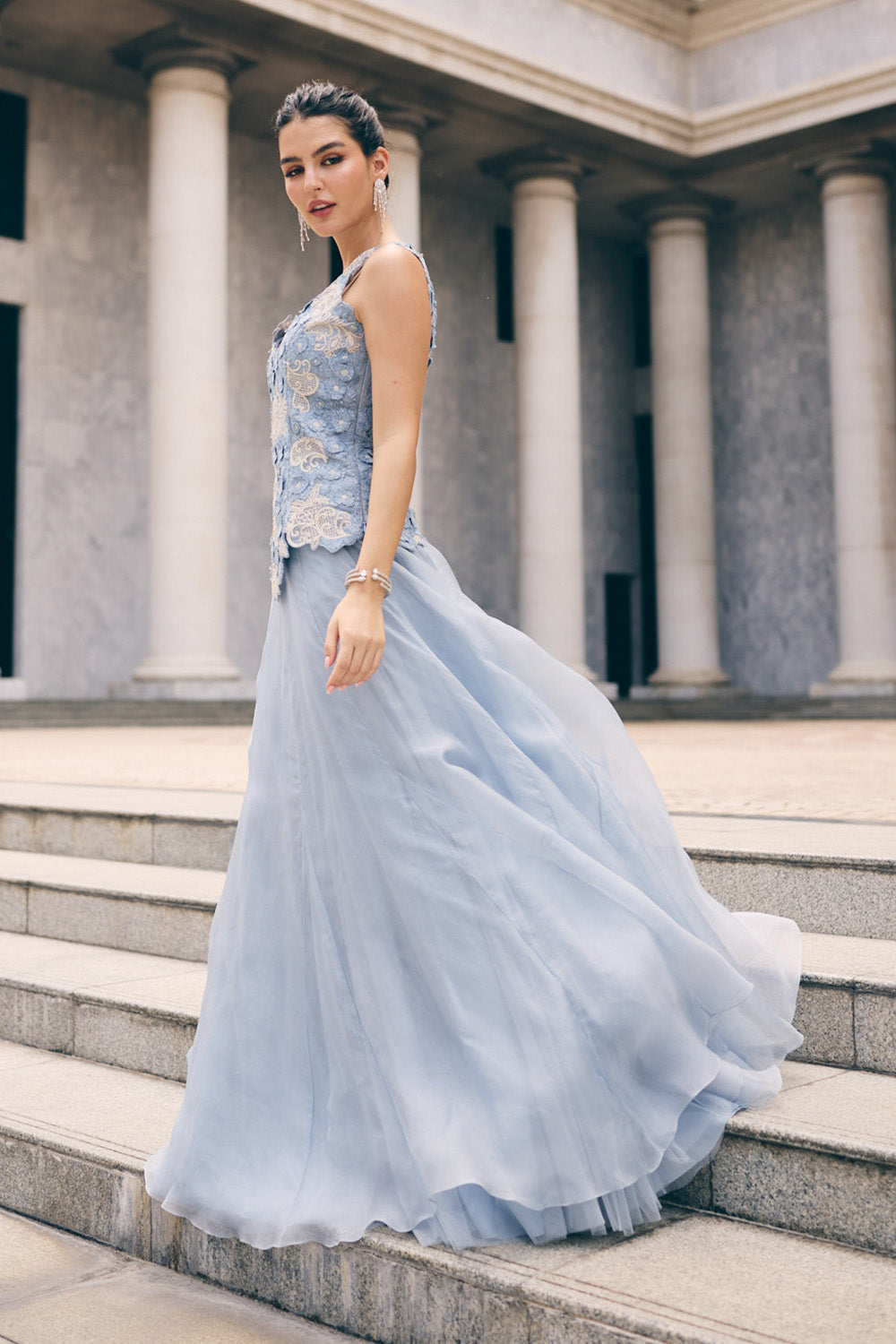Sky Blue 3D V Neck Top With Skirt