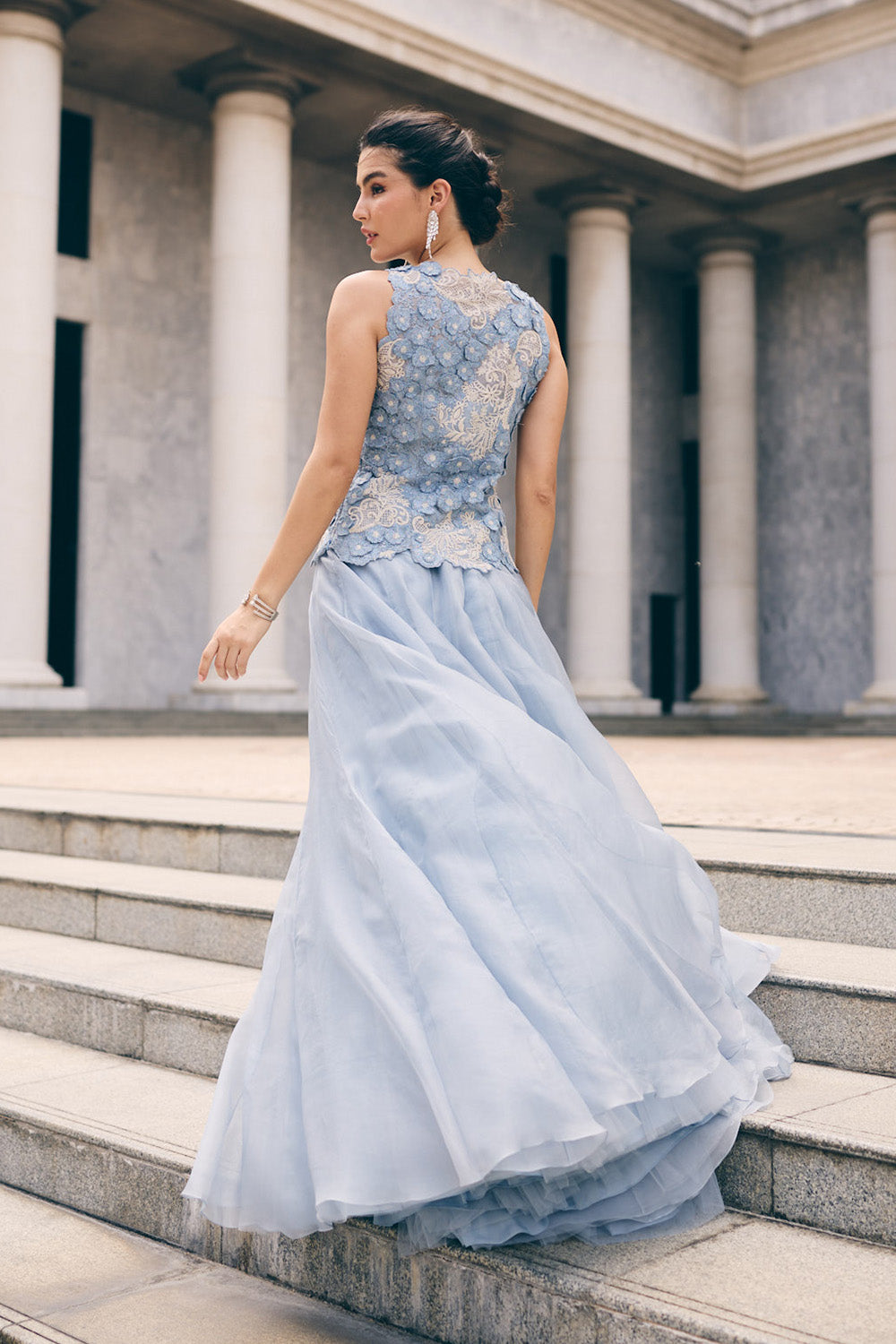 Sky Blue 3D V Neck Top With Skirt