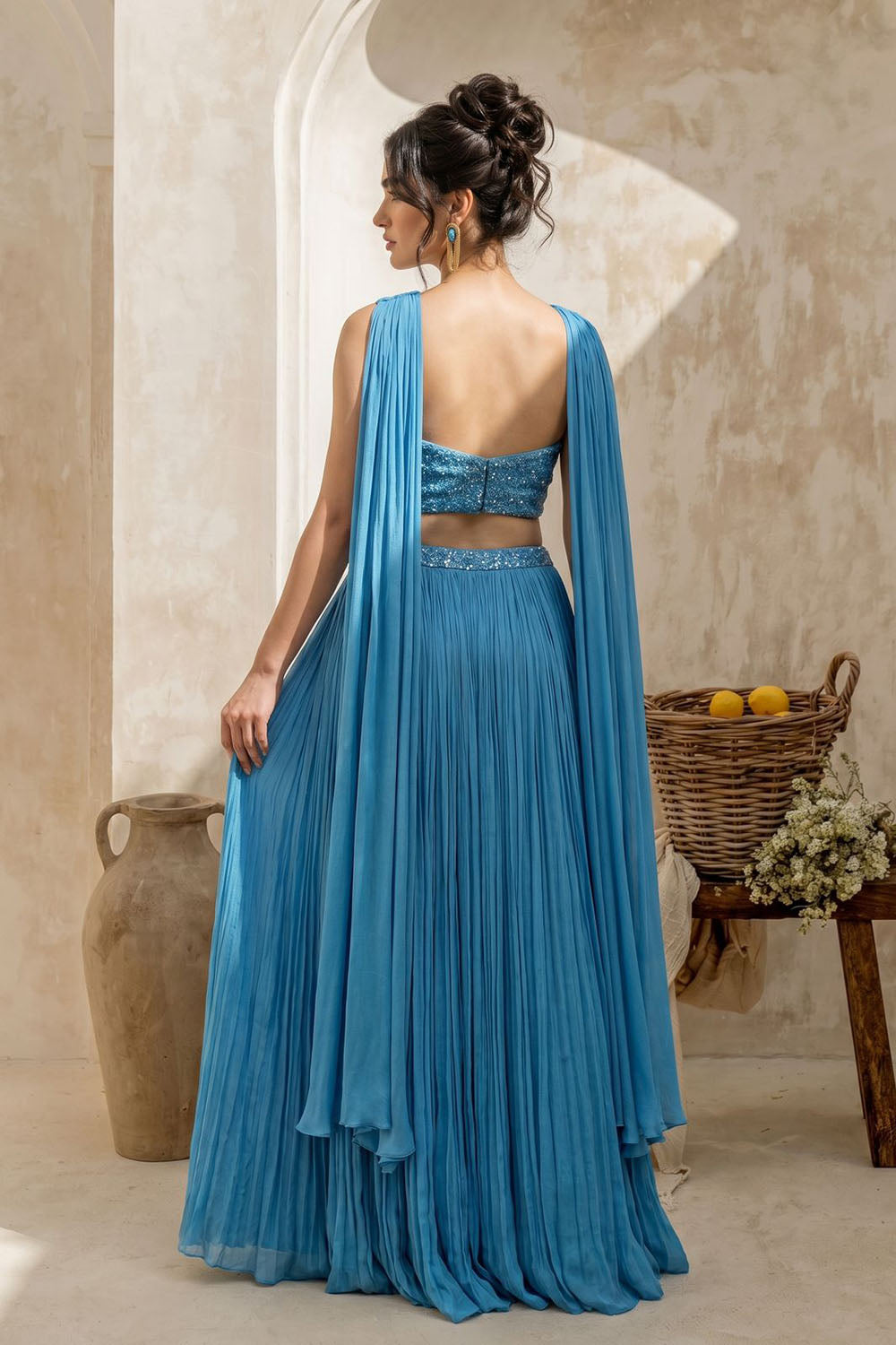 Sky-blue Corset with pleated Skirt & Dupatta