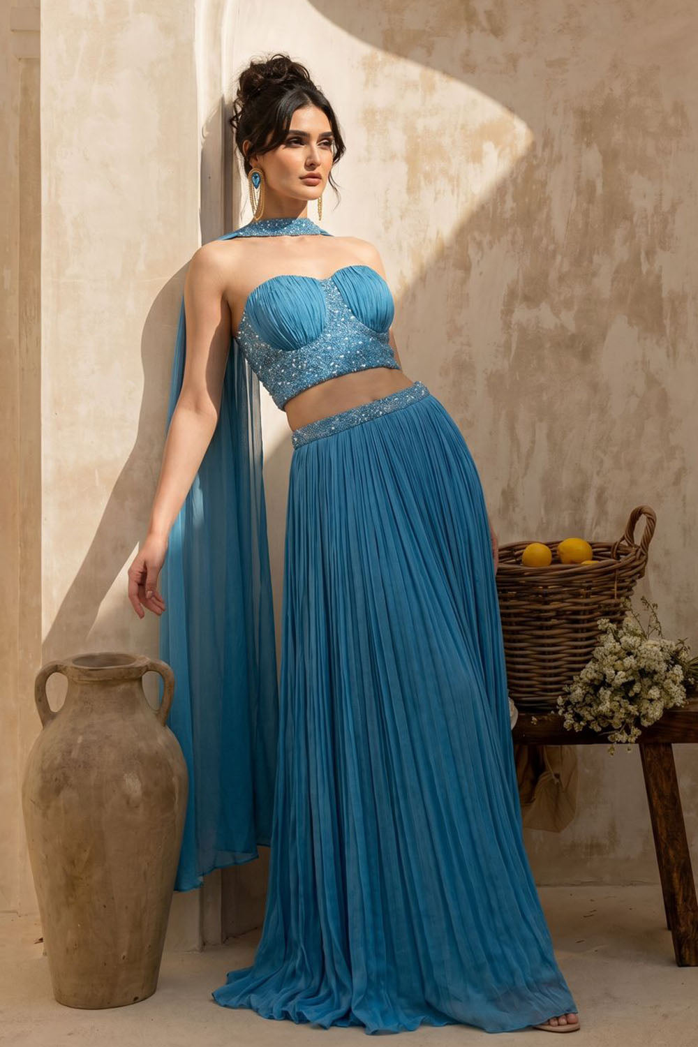 Sky-blue Corset with pleated Skirt & Dupatta