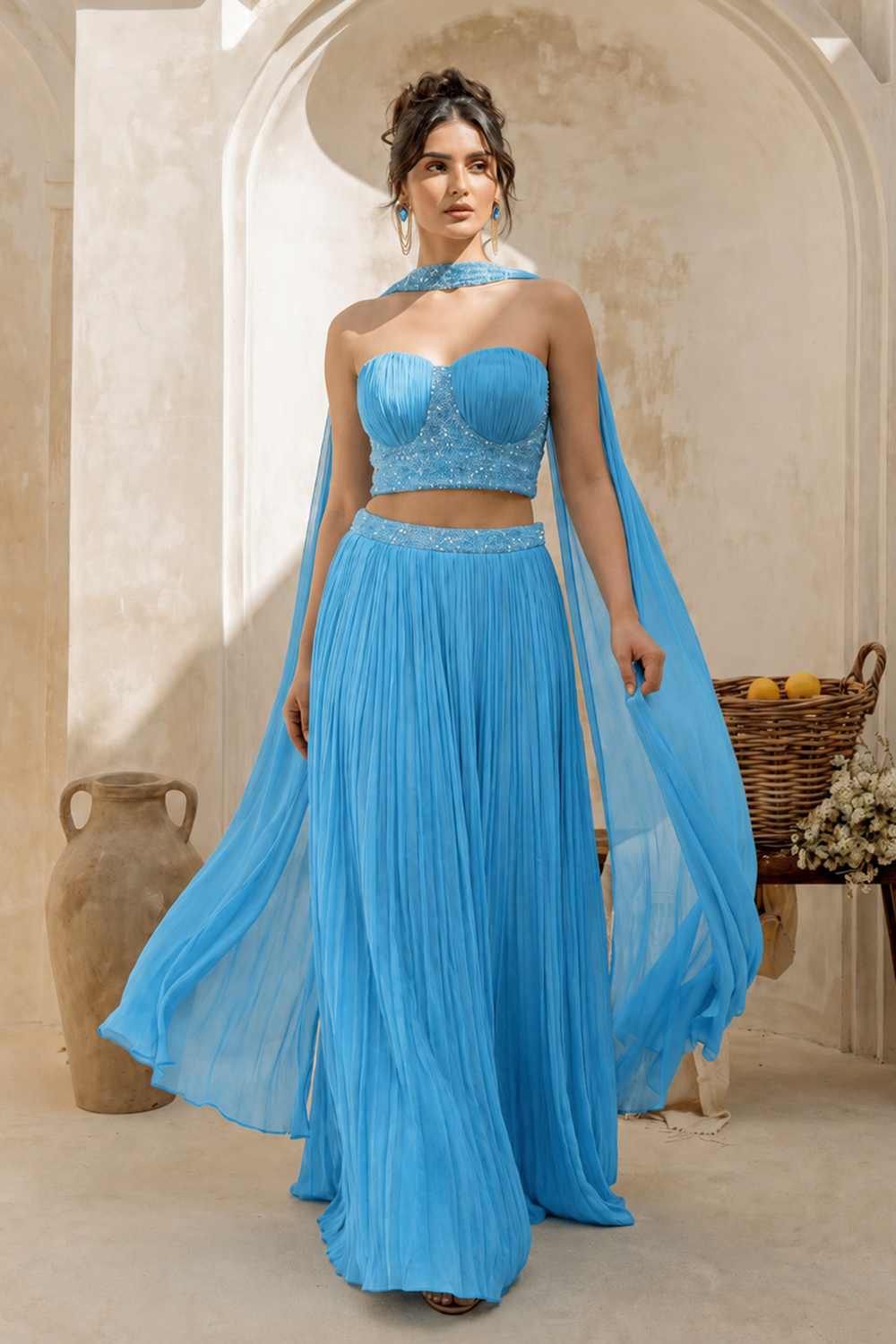 Sky-blue Corset with pleated Skirt & Dupatta