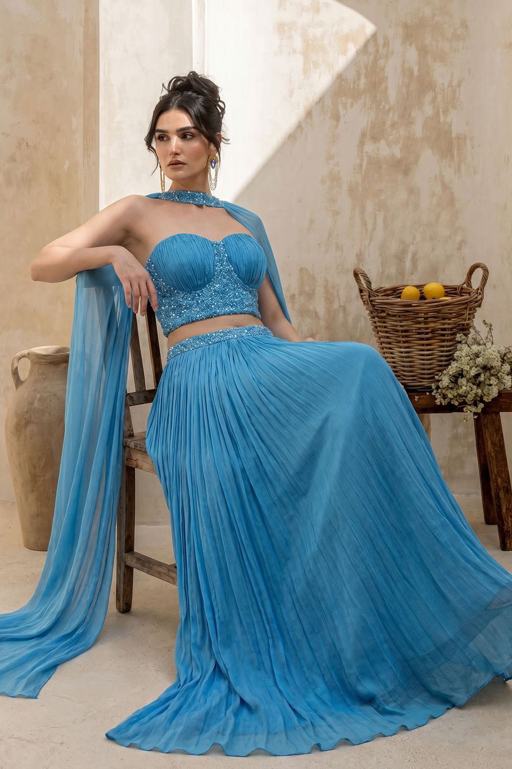 Sky-blue Corset with pleated Skirt & Dupatta