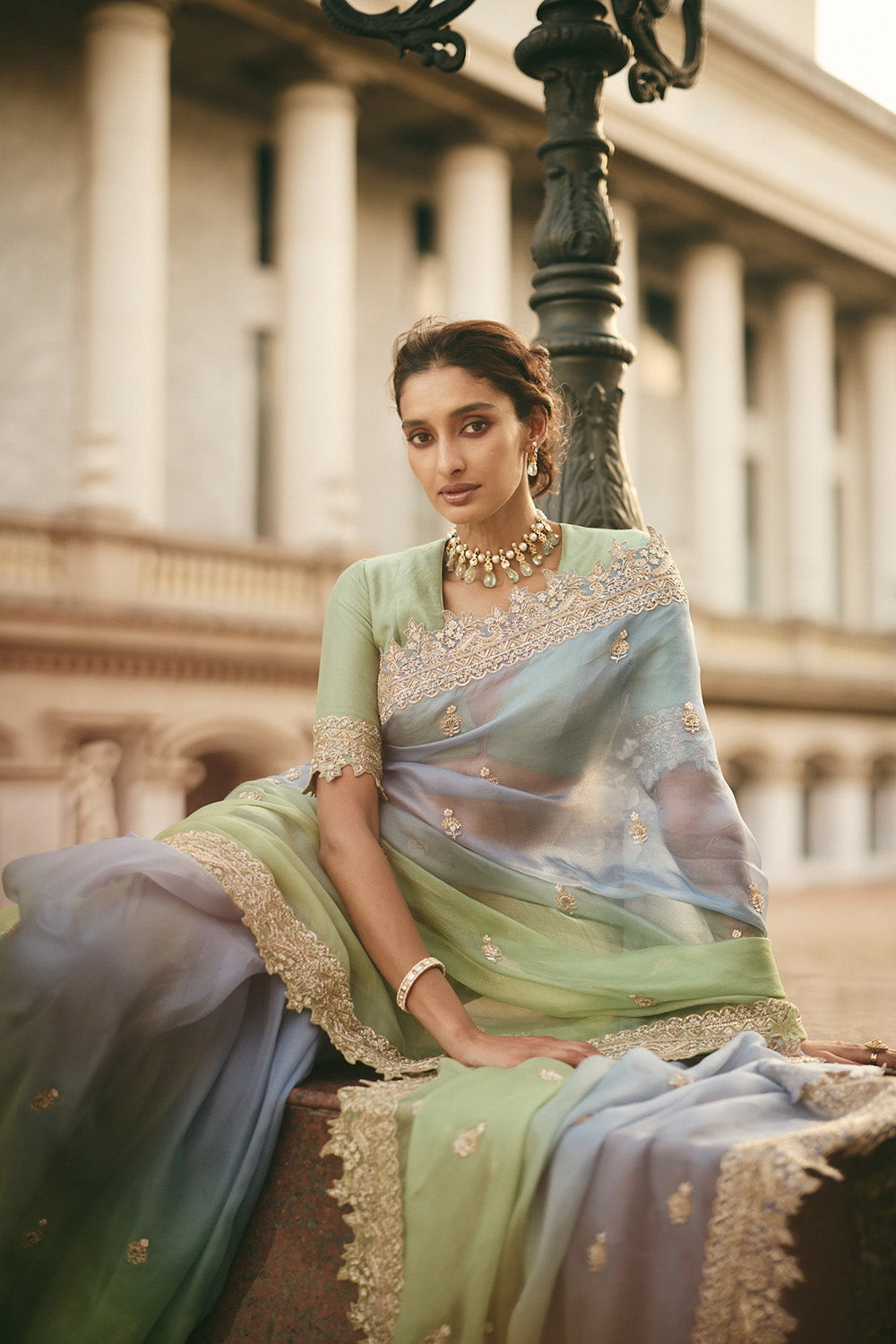 Sky Blue Green Ombre Sharmaine Saree Set