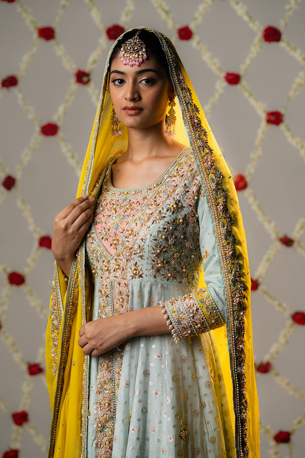 Sky Blue & Yellow Glass Organza Lehenga Set