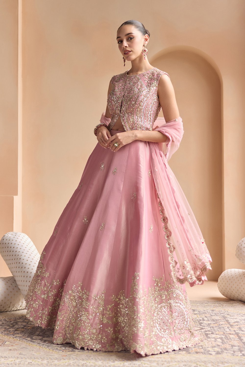 Soft Berry Embroidered Tissue Lehenga Set