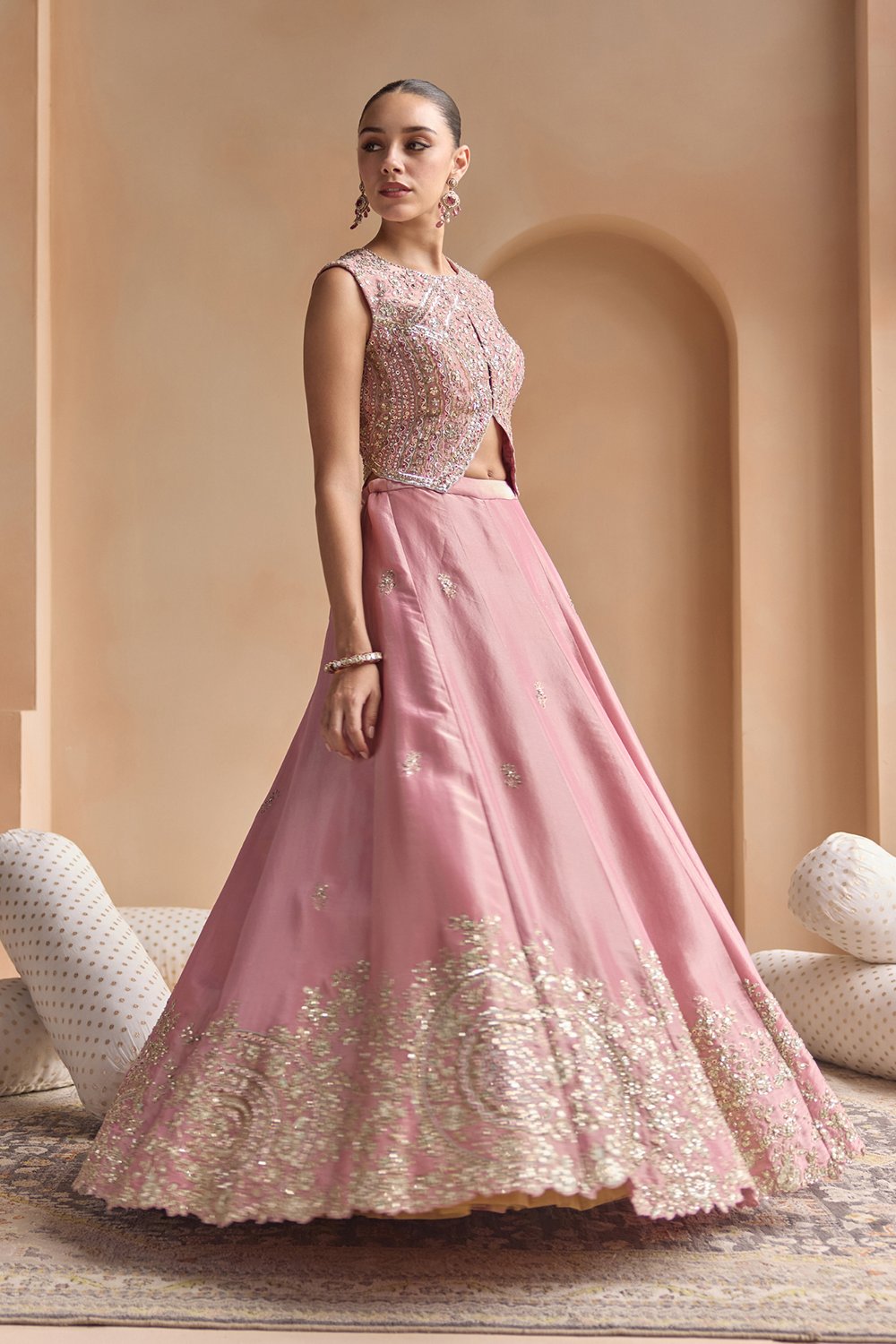 Soft Berry Embroidered Tissue Lehenga Set