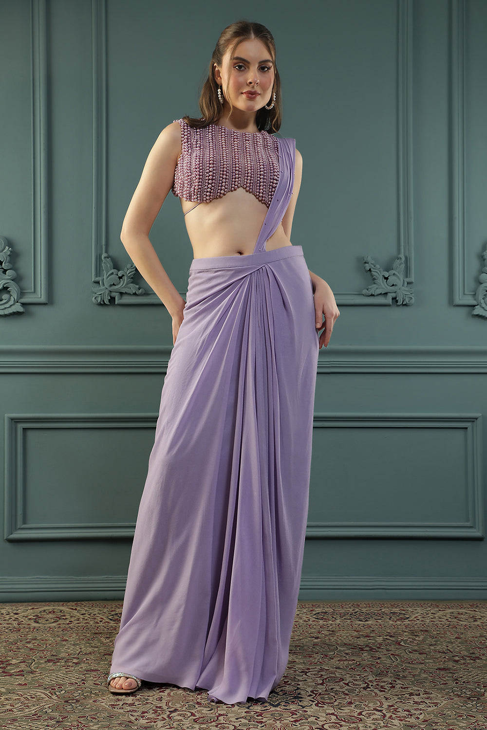 Soft-Purple Pearl Pre-Drape Saree