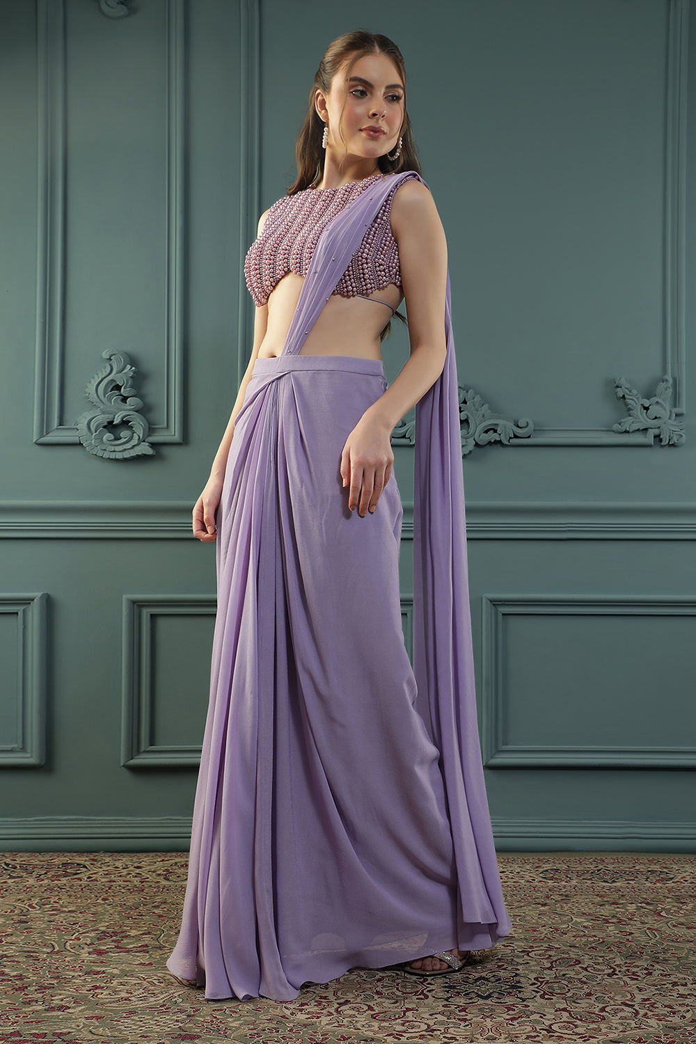 Soft-Purple Pearl Pre-Drape Saree