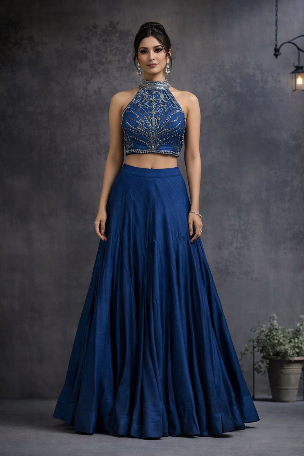 Solid lehanga with high neck antique embroidery