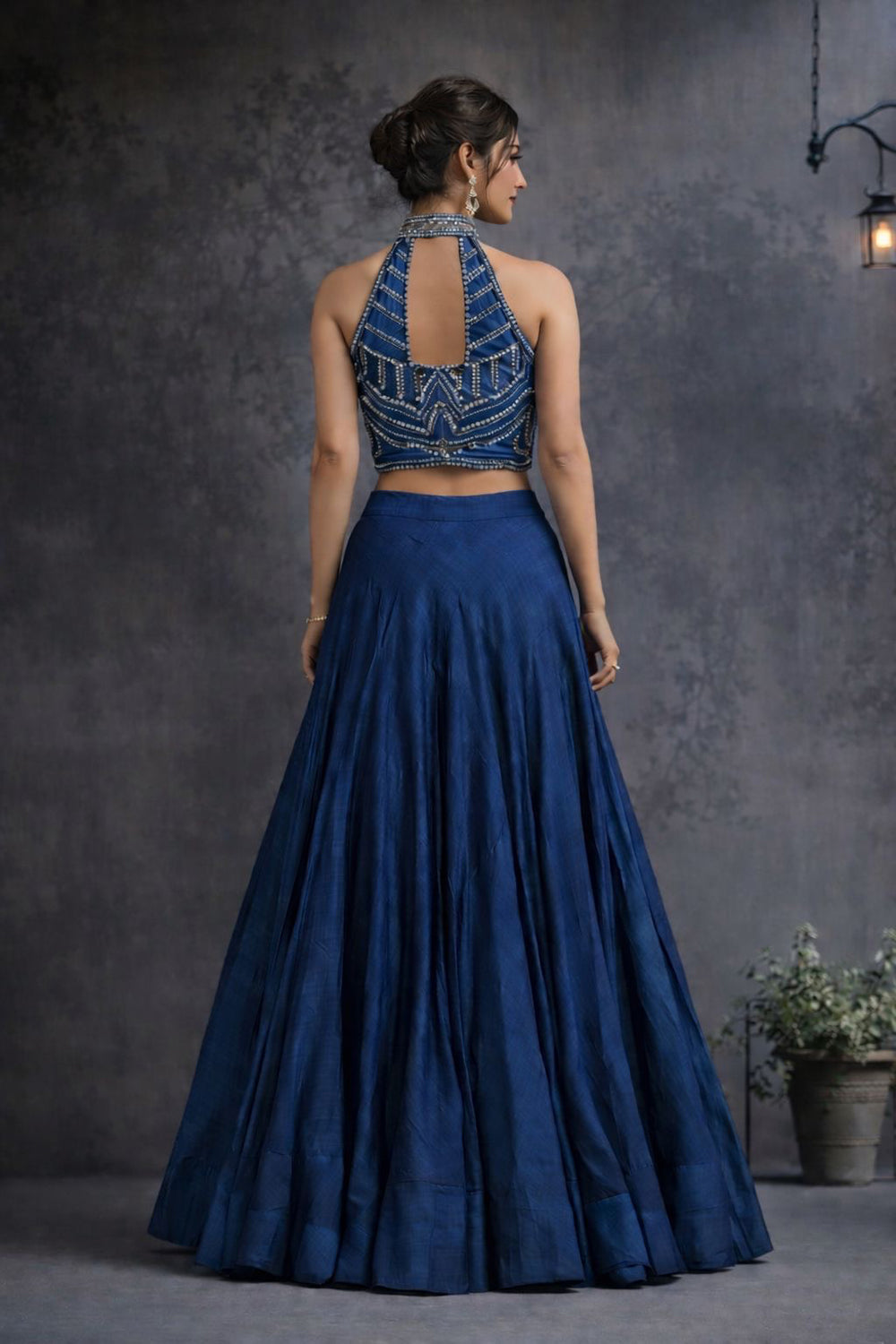 Solid lehanga with high neck antique embroidery