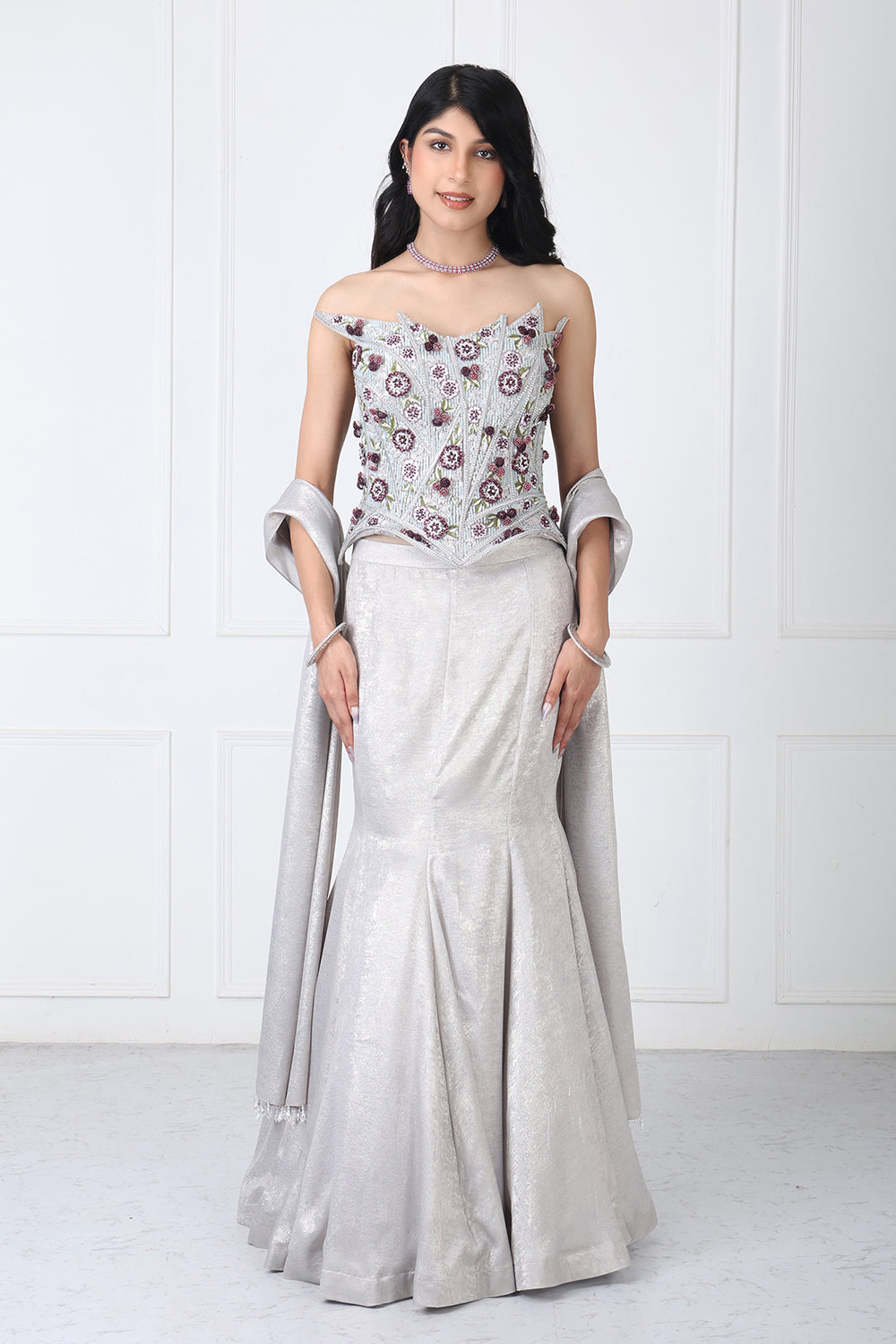 Steel Grey Embroidered Corset With Paneled Skirt And Dupatta